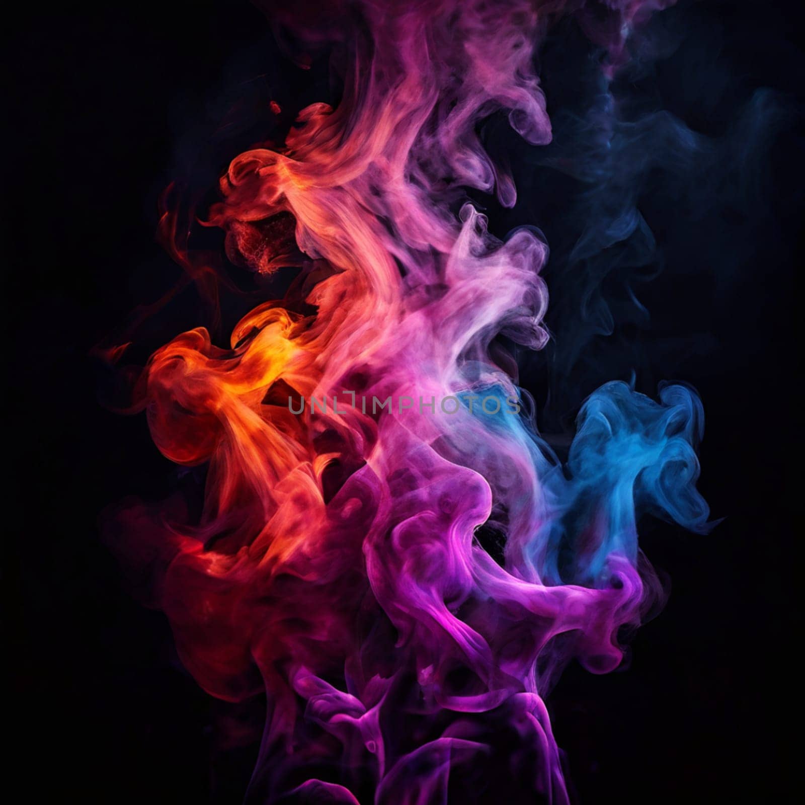 Symmetrical patterns of colorful smoke flowing gracefully against a dark background, creating a mesmerizing and vibrant abstract effect.