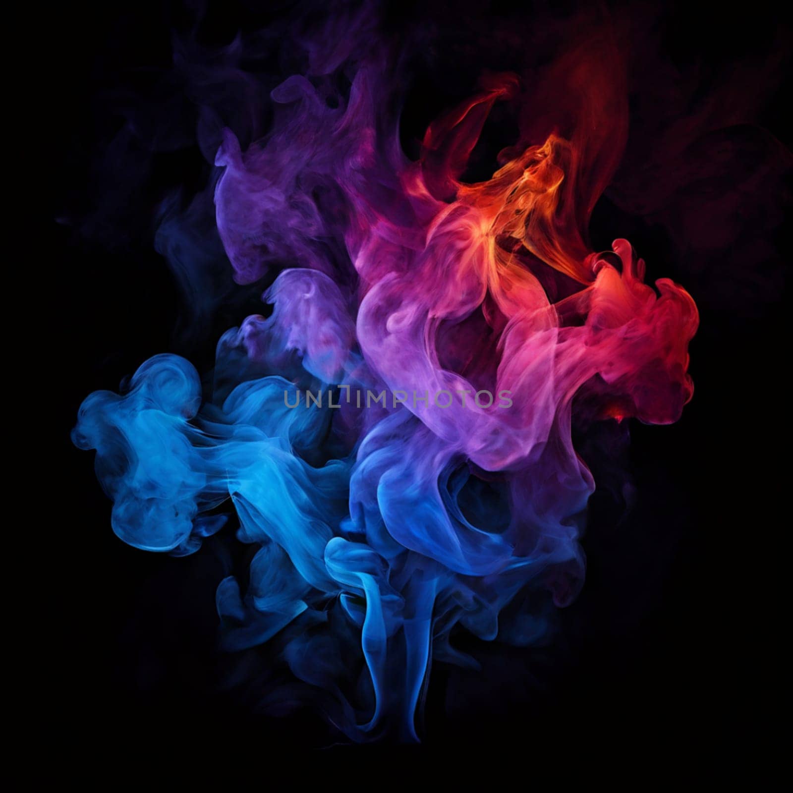 Symmetrical patterns of colorful smoke flowing gracefully against a dark background, creating a mesmerizing and vibrant abstract effect.