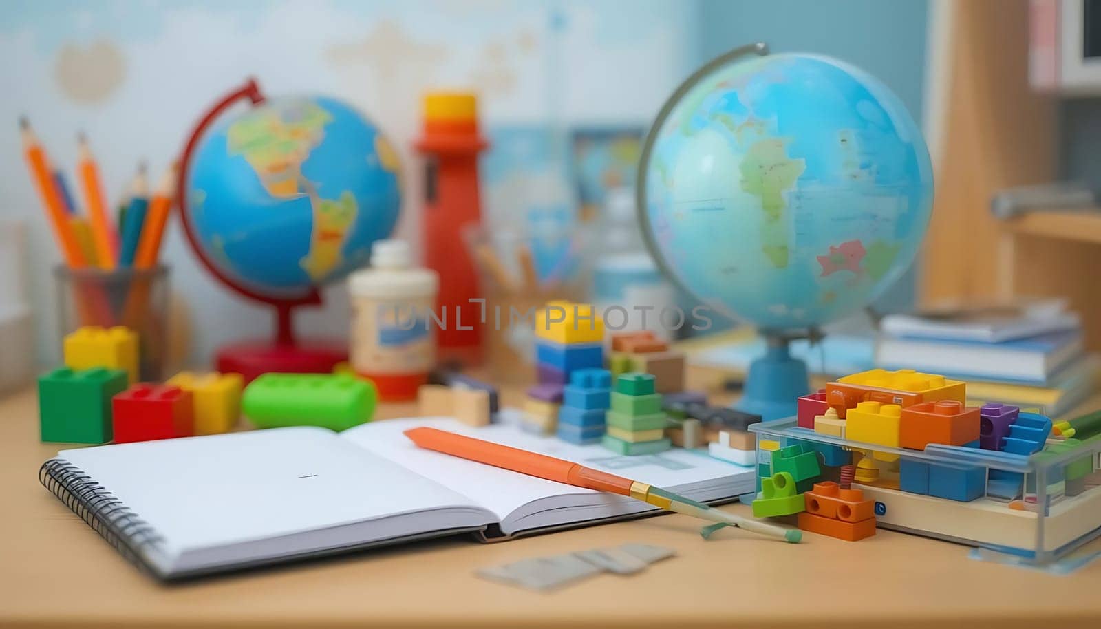 A world of creativity unfurls on a sunlit desk, globes whispering adventure. Colors dance, blocks dreaming of towers, and pencils yearn for stories. Hope and curiosity play, as learning comes alive.
