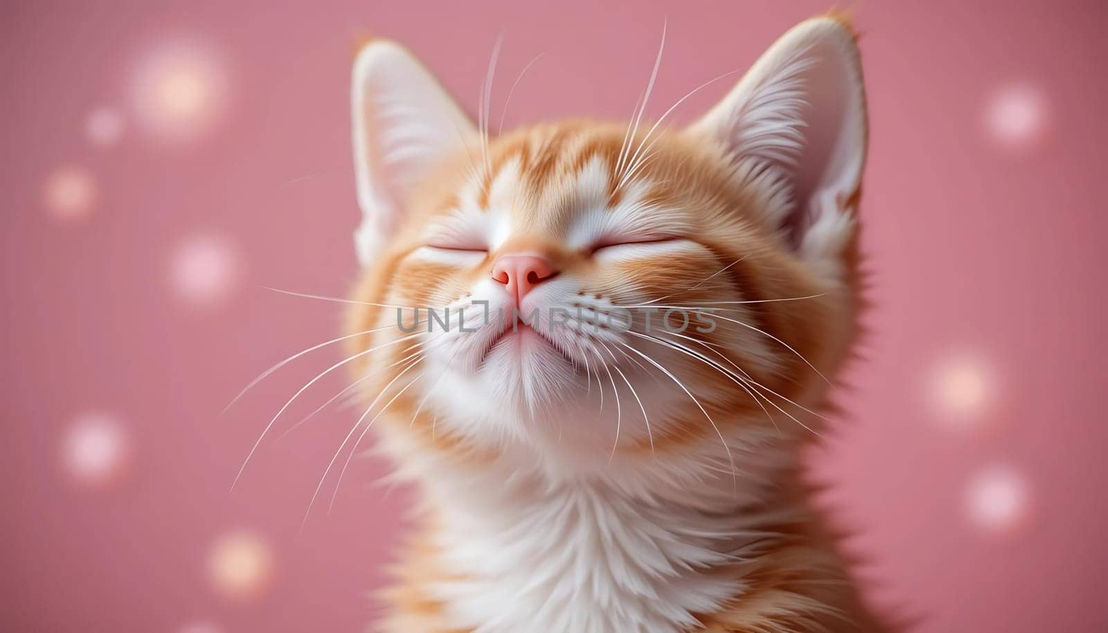 In a soft, pink dreamscape with twinkling lights, a fluffy ginger kitten nestles, eyes closed in bliss. Its tiny whiskers twitch, radiating pure joy and contentment.