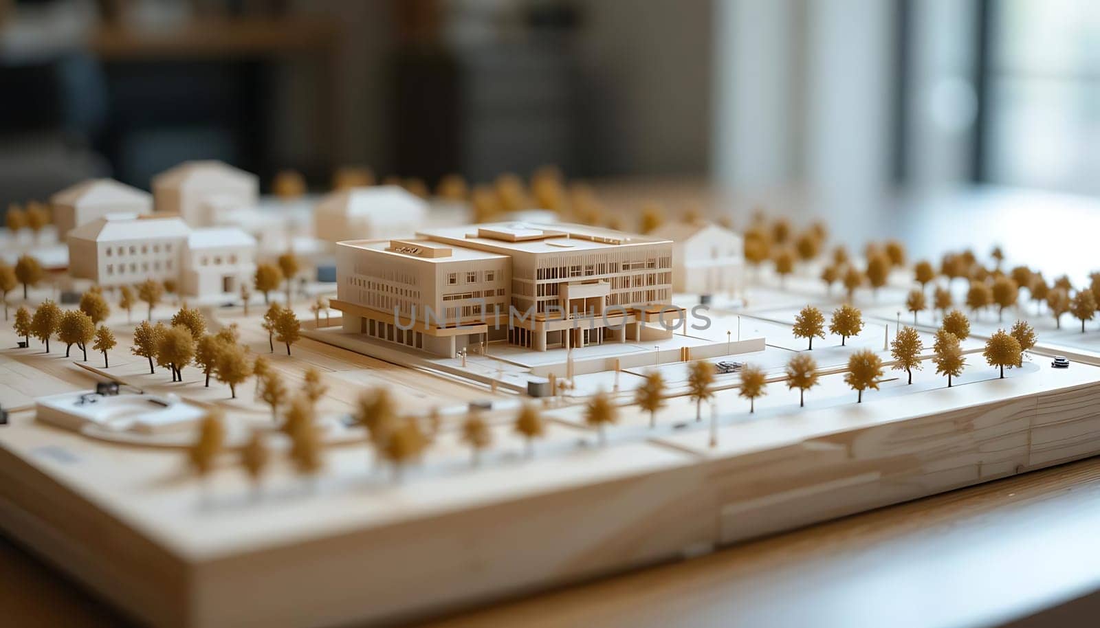 A serene miniature world of wooden dreams rests upon a sleek table, bathed in soft light. Neatly arranged trees whisper of tranquility, while the pristine buildings echo hope and possibility. It's a sanctuary of calm, where imagination takes flight.