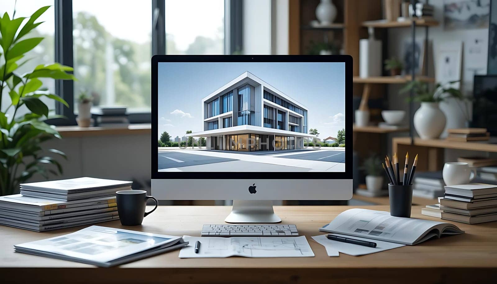 A serene workspace bathed in sunlight, where creativity flows like the nearby breeze. The modern building on screen dreams of future horizons. Coffee's aroma mingles with fresh pages, inviting inspiration. Calm, focused energy fills the air, a sanctuary of imagination.