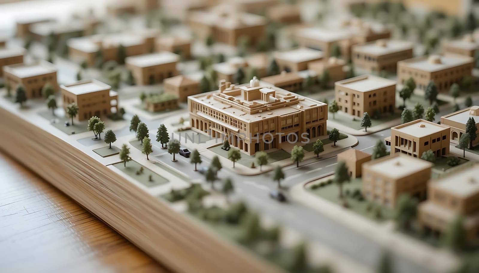 Amidst a sea of miniature buildings, the grand central edifice stands resolute, a beacon of craftsmanship. Tiny trees whisper tales of meticulous design. The muted hues and intricate details evoke a sense of quiet wonder and nostalgic charm, inviting dreams of bustling streets reduced to a tabletop utopia.