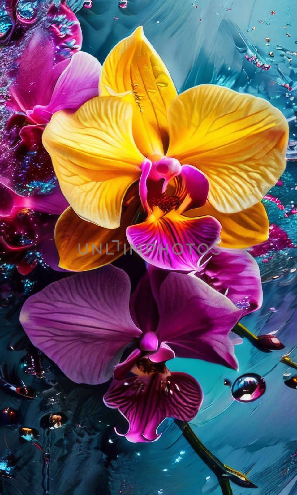 Exotic yellow and purple orchids with delicate petals and rich green foliage, set against deep starry backdrop, offering blend of elegance and beauty for floral art enthusiasts
