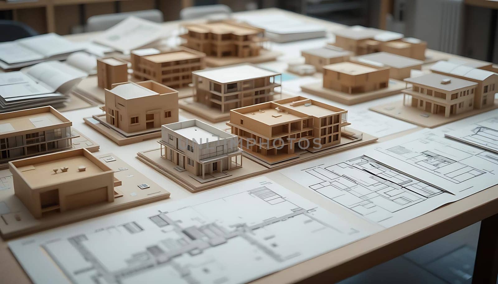 Miniature dreams in wood lie scattered, each a silent whisper of future homes. The air is filled with quiet anticipation, as blueprints and models stand side by side, promising a world yet to be built.