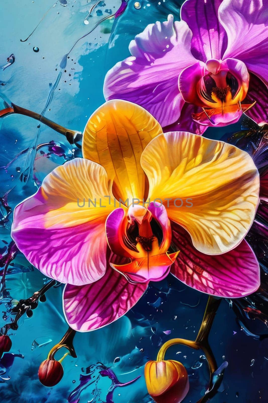 Exotic yellow and purple orchids with delicate petals and rich green foliage, set against deep starry backdrop, offering blend of elegance and beauty for floral art enthusiasts