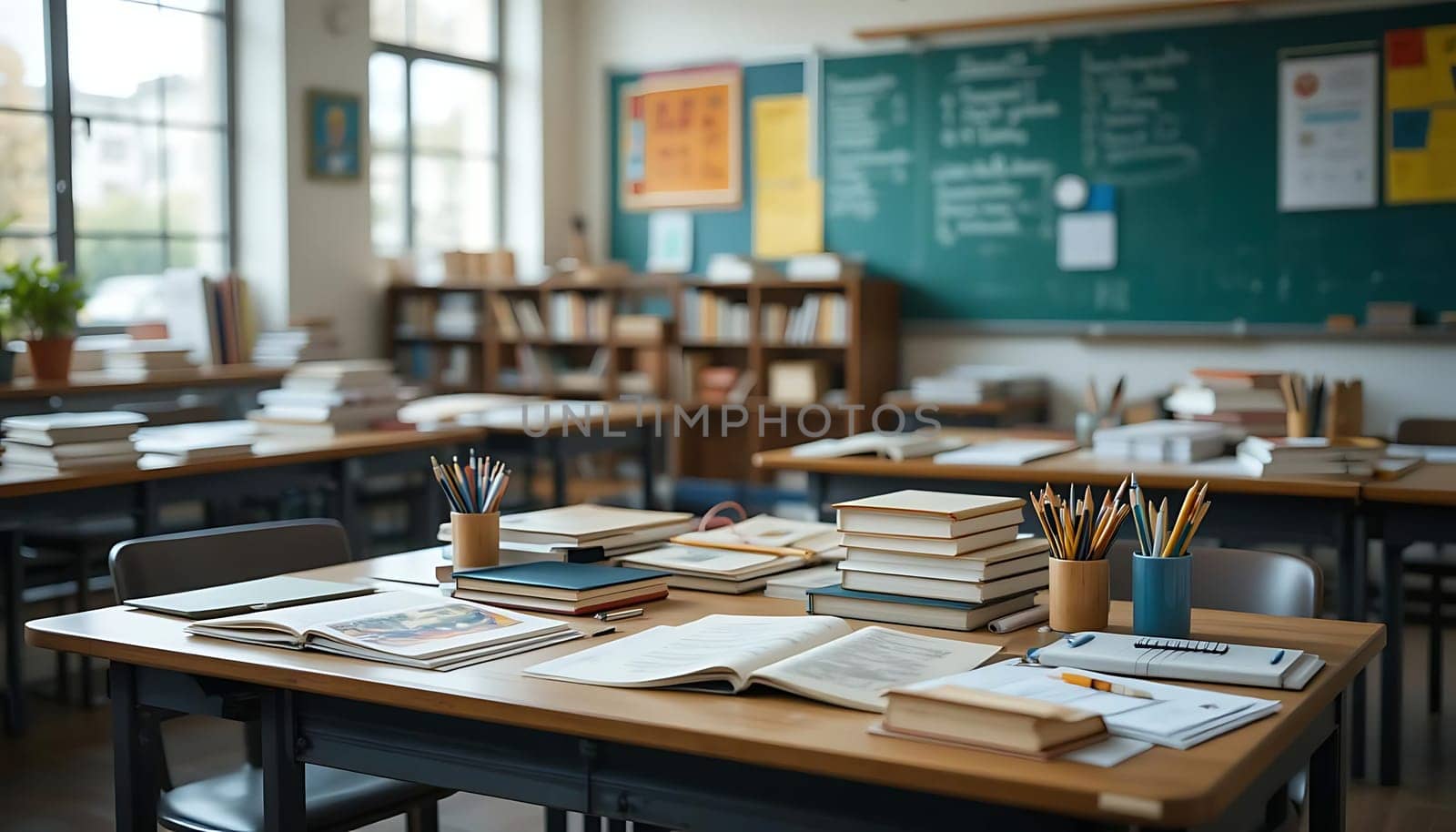 A hushed, sunlit classroom waits, echoing with the ghosts of lessons past. Chalk dust lingers, books lay open, dreams suspended in the quiet, expectant air.