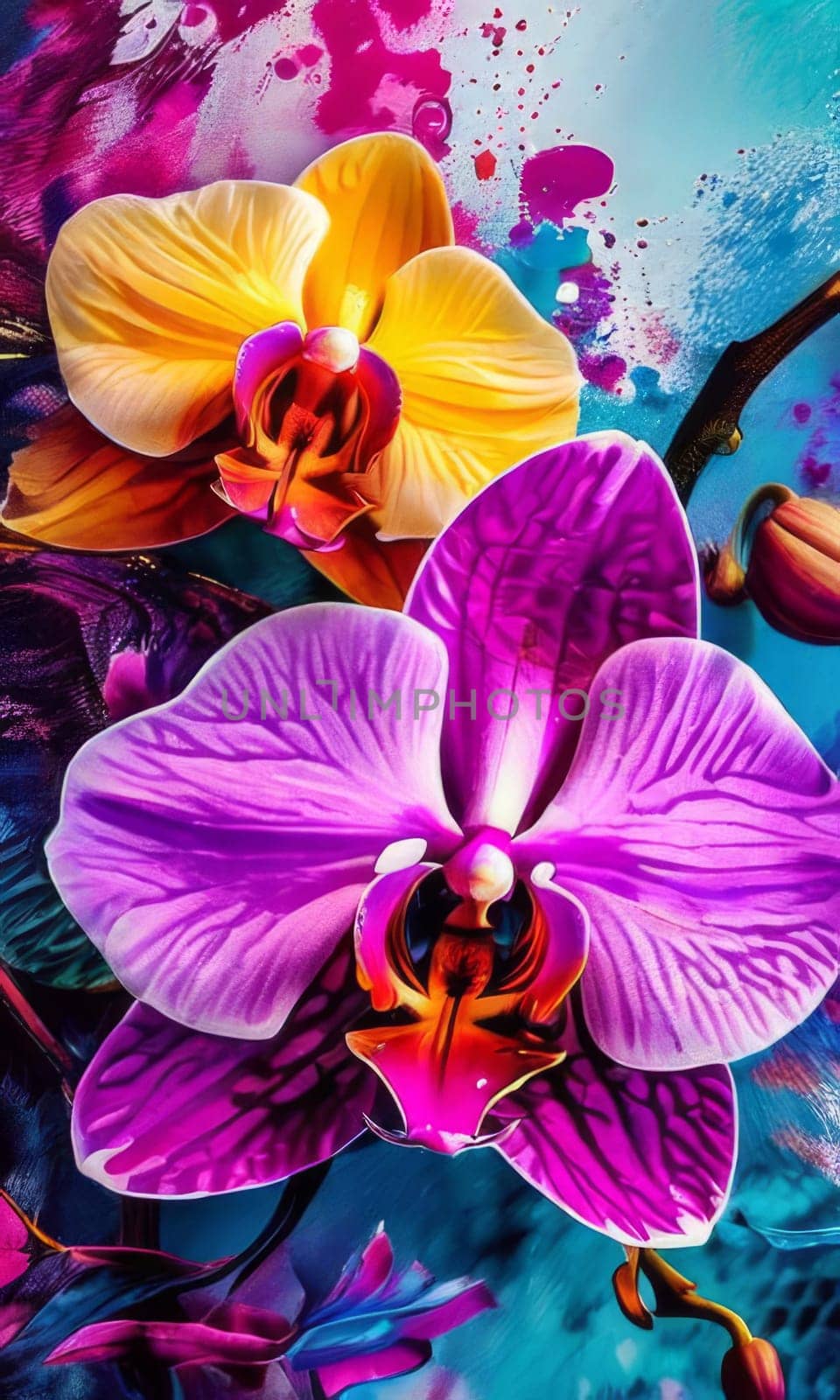 Exotic yellow and purple orchids with delicate petals and rich green foliage, set against deep starry backdrop, offering blend of elegance and beauty for floral art enthusiasts