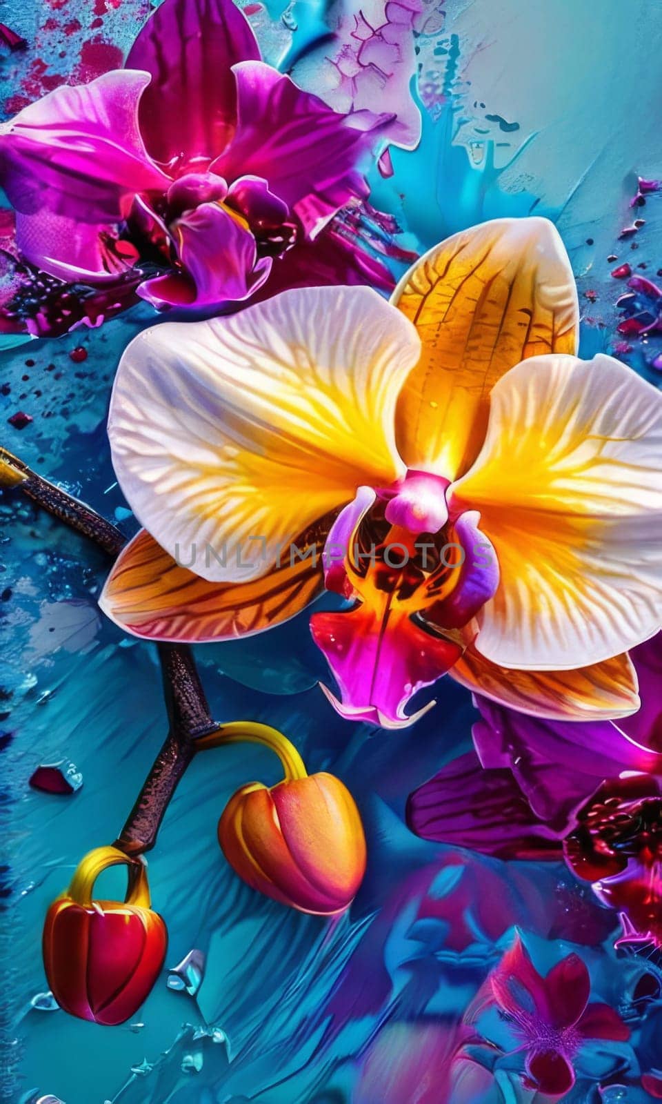 Exotic yellow and purple orchids with delicate petals and rich green foliage, set against deep starry backdrop, offering blend of elegance and beauty for floral art enthusiasts