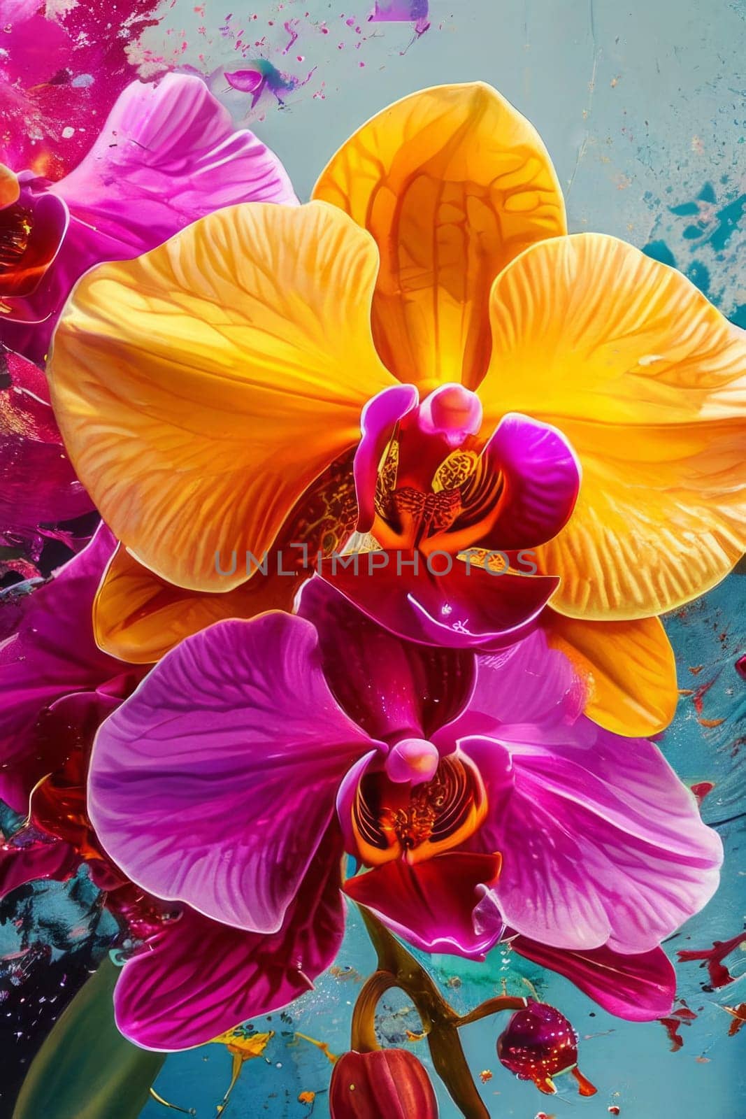 Exotic yellow and purple orchids with delicate petals and rich green foliage, set against deep starry backdrop, offering blend of elegance and beauty for floral art enthusiasts