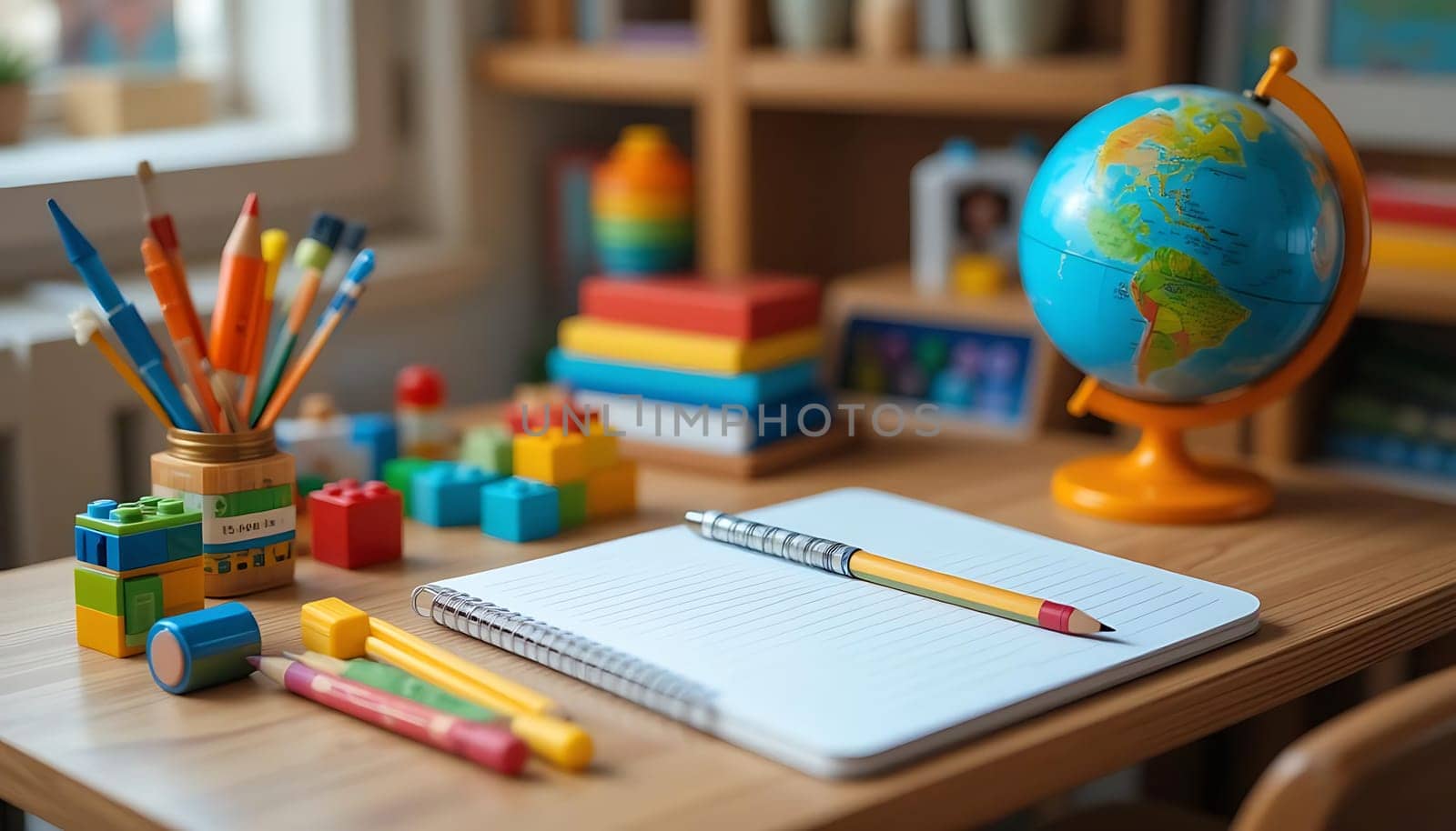 In a warm, sunlit room, a table whispers tales of curiosity. Colorful pencils, like slender dreams, stand ready. A globe invites adventure, while blocks wait to build imaginative worlds. An open notebook, eager for stories, completes this sanctuary of wonder.
