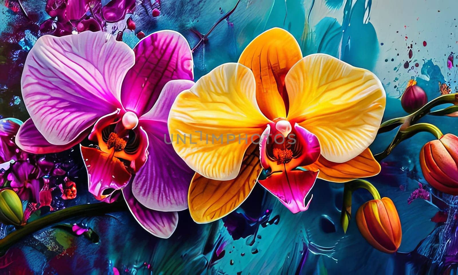 Exotic yellow and purple orchids with delicate petals and rich green foliage, set against deep starry backdrop, offering blend of elegance and beauty for floral art enthusiasts