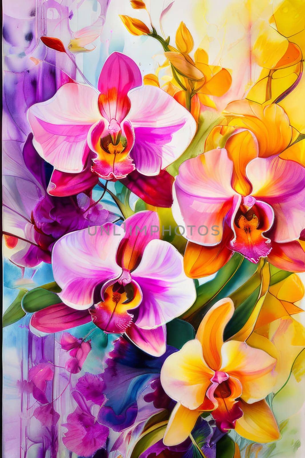 Beautifully detailed orchids in yellow and purple shades with vivid green leaves, on dark starry canvas, ideal for floral-themed designs and creative projects seeking elegance