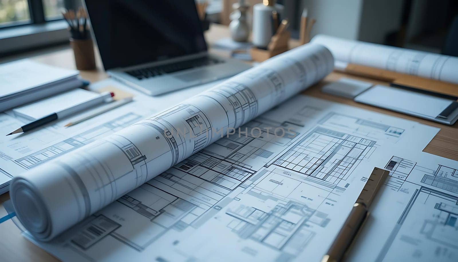 Blueprints sprawl across a cluttered desk, pencils and coffee cups scattered. Sunlight filters through, casting shadows of ambition. The air is thick with dreams and tireless nights, a silent symphony of creation.