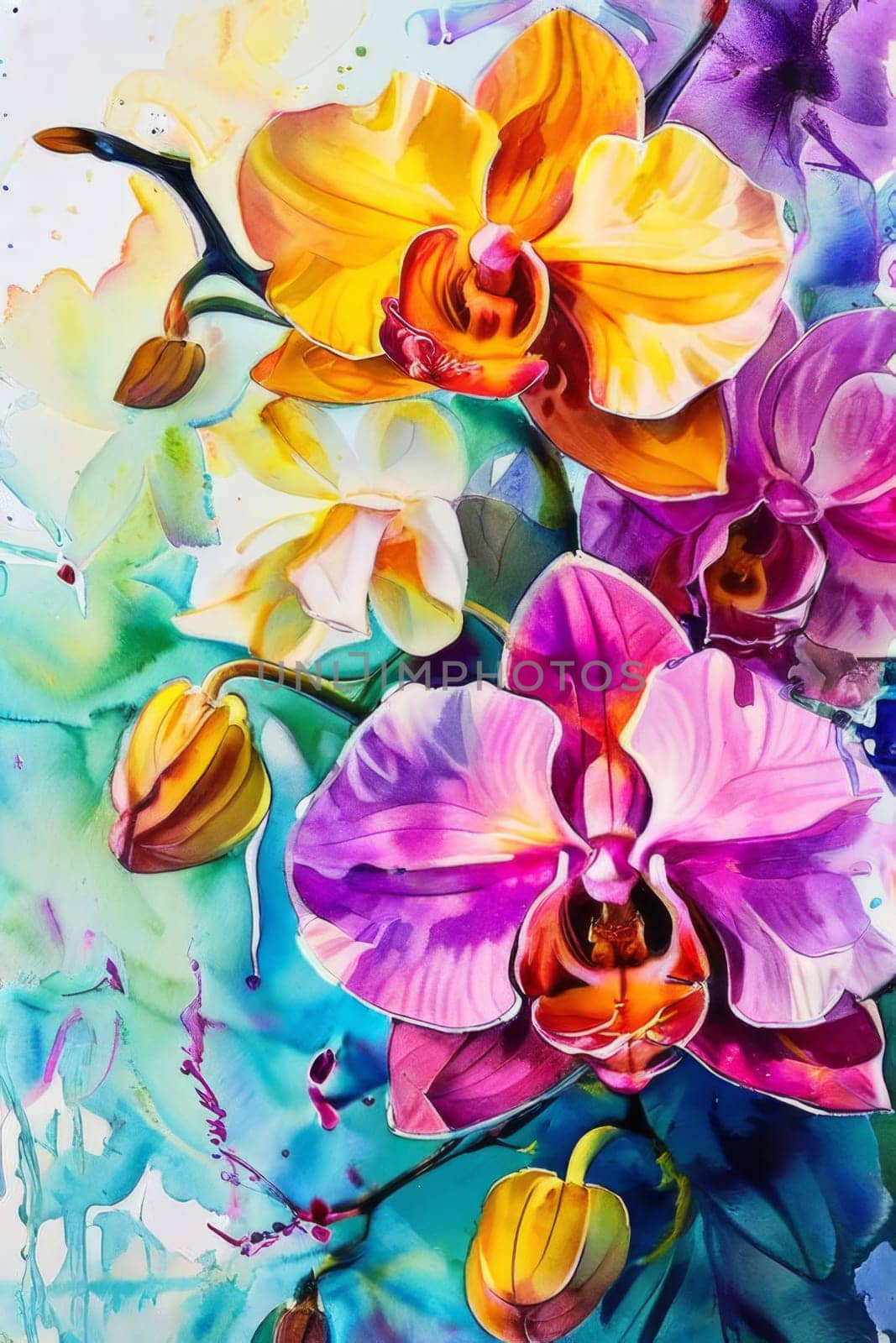 Beautifully detailed orchids in yellow and purple shades with vivid green leaves, on dark starry canvas, ideal for floral-themed designs and creative projects seeking elegance