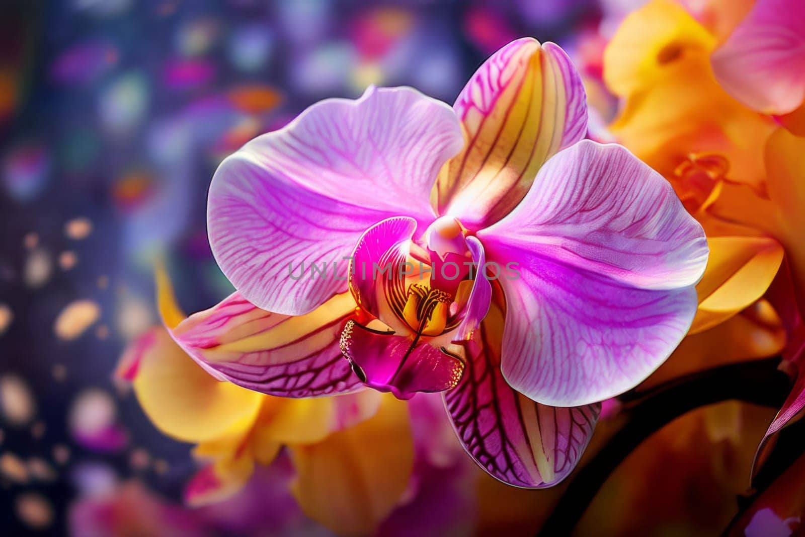 Beautifully detailed orchids in yellow and purple shades with vivid green leaves, on dark starry canvas, ideal for floral-themed designs and creative projects seeking elegance