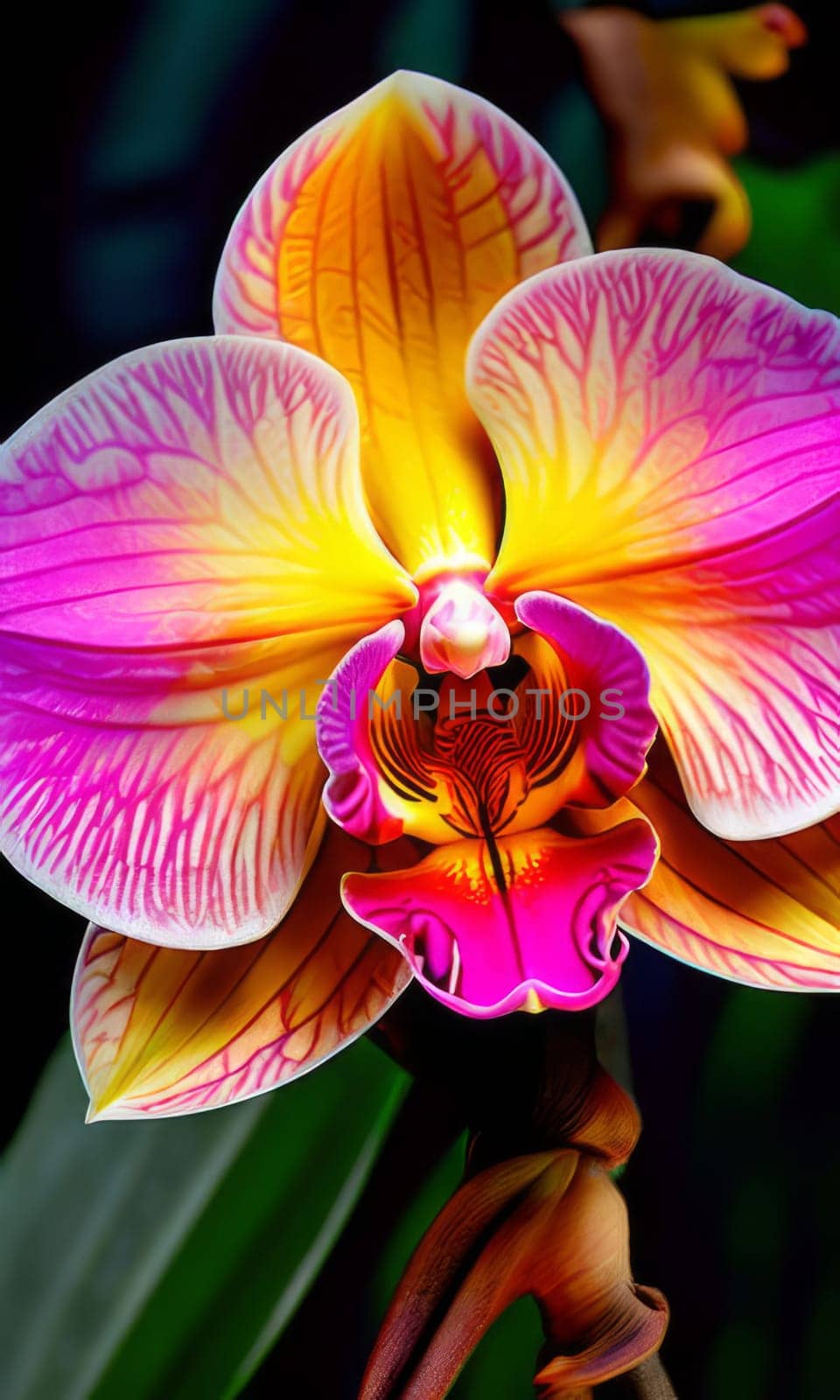 Beautifully detailed orchids in yellow and purple shades with vivid green leaves, on dark starry canvas, ideal for floral-themed designs and creative projects seeking elegance
