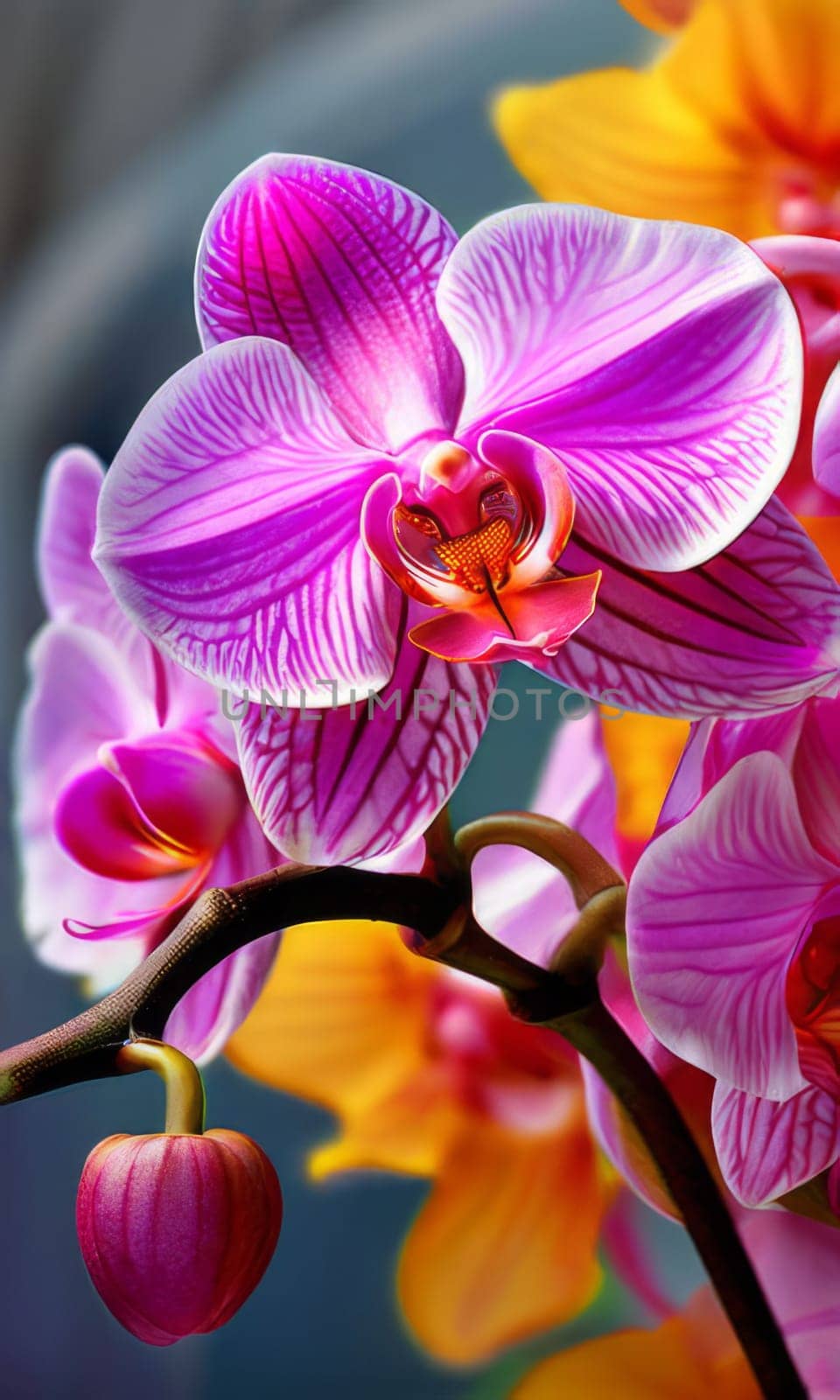 Beautifully detailed orchids in yellow and purple shades with vivid green leaves, on dark starry canvas, ideal for floral-themed designs and creative projects seeking elegance