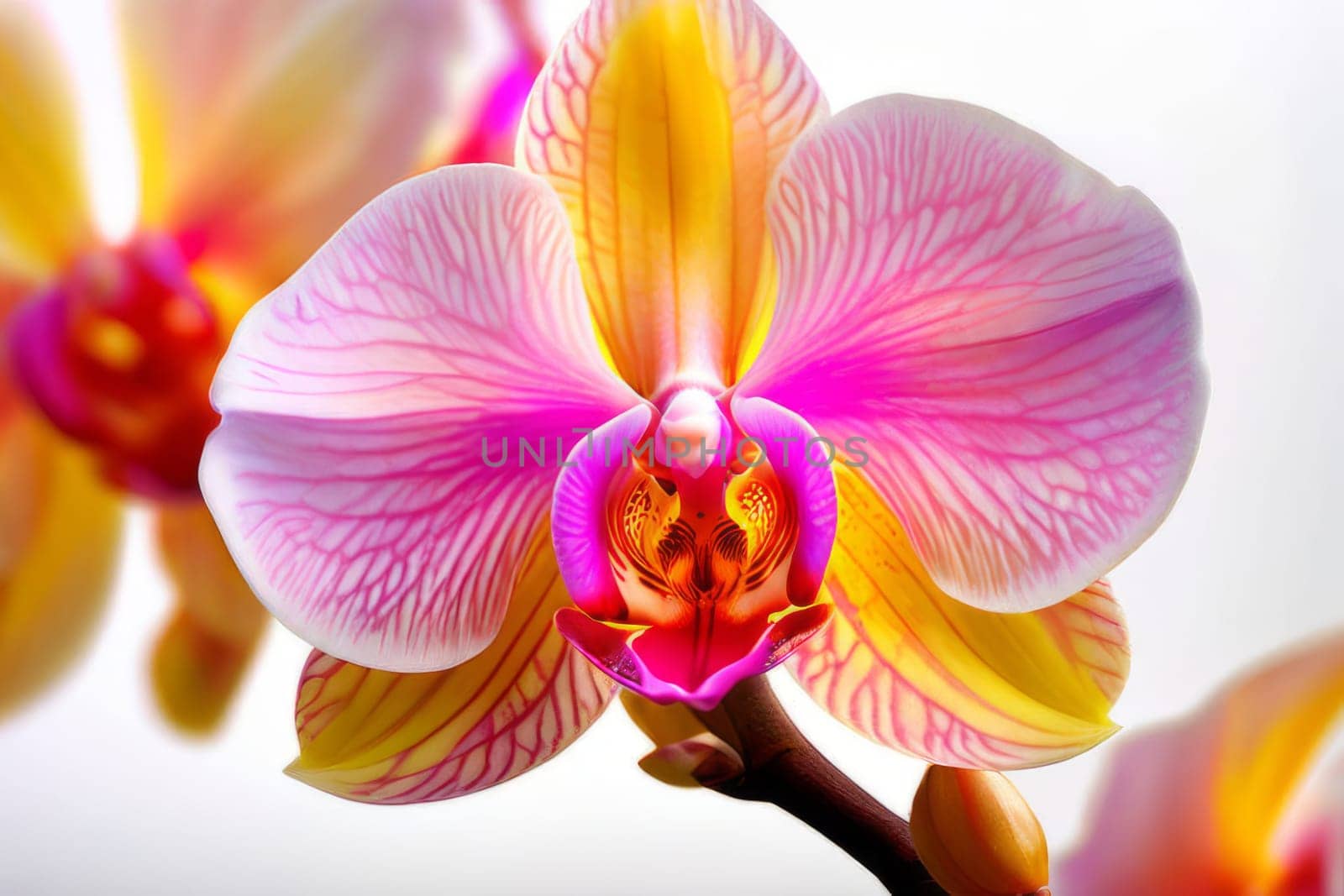 Beautifully detailed orchids in yellow and purple shades with vivid green leaves, on dark starry canvas, ideal for floral-themed designs and creative projects seeking elegance