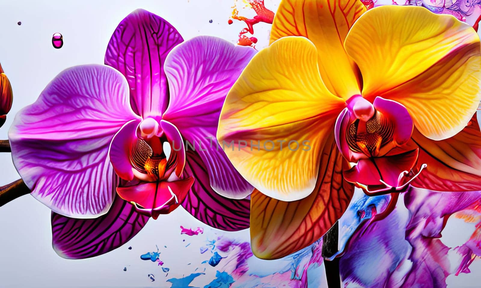 Beautifully detailed orchids in yellow and purple shades with vivid green leaves, on dark starry canvas, ideal for floral-themed designs and creative projects seeking elegance