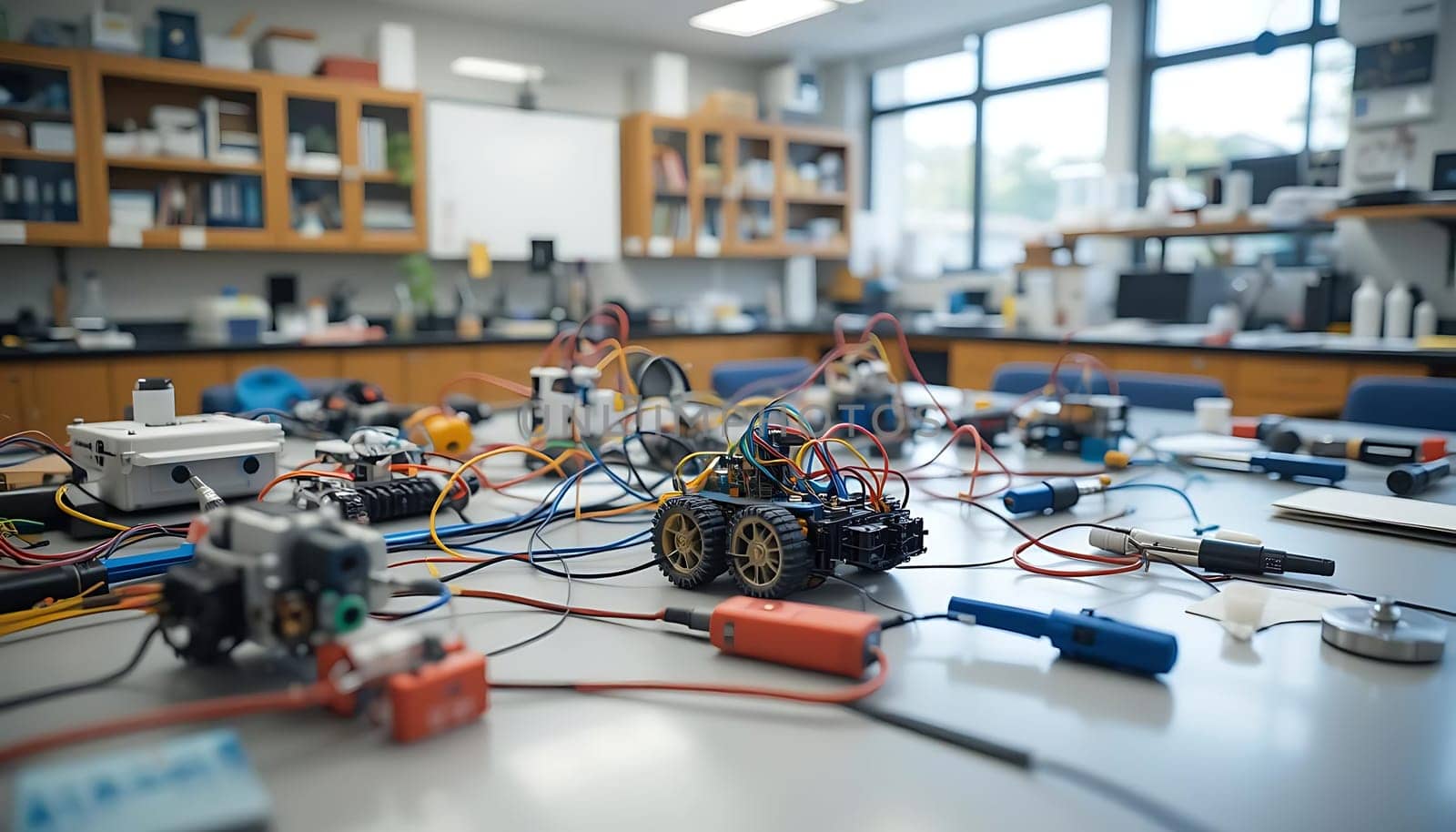 Cluttered chaos sparks curiosity. Wires snake like veins, connecting minds to motion. Bright lab lights cast shadows of innovation. A hum of potential fills the air; the future tinkers here.
