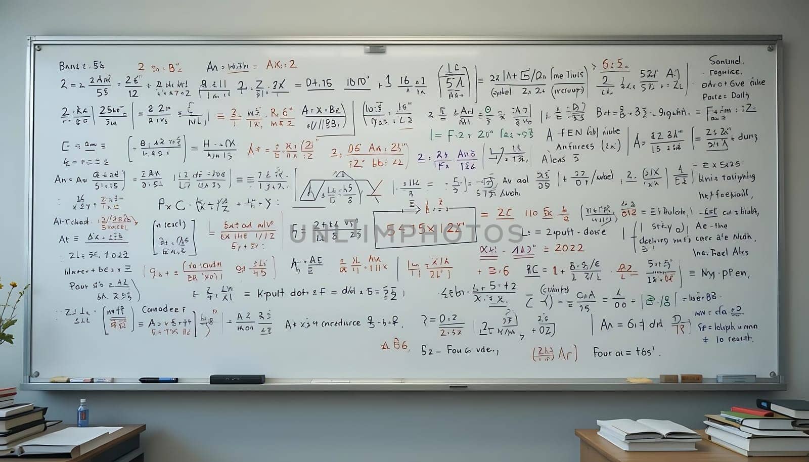 Intricate equations dance across a cluttered board, echoing the silent struggle of intellectual pursuit. Books lie scattered, haunted by ghosts of late-night studies. A shimmering water bottle hints at endless hours, fueling the relentless march toward enlightenment.