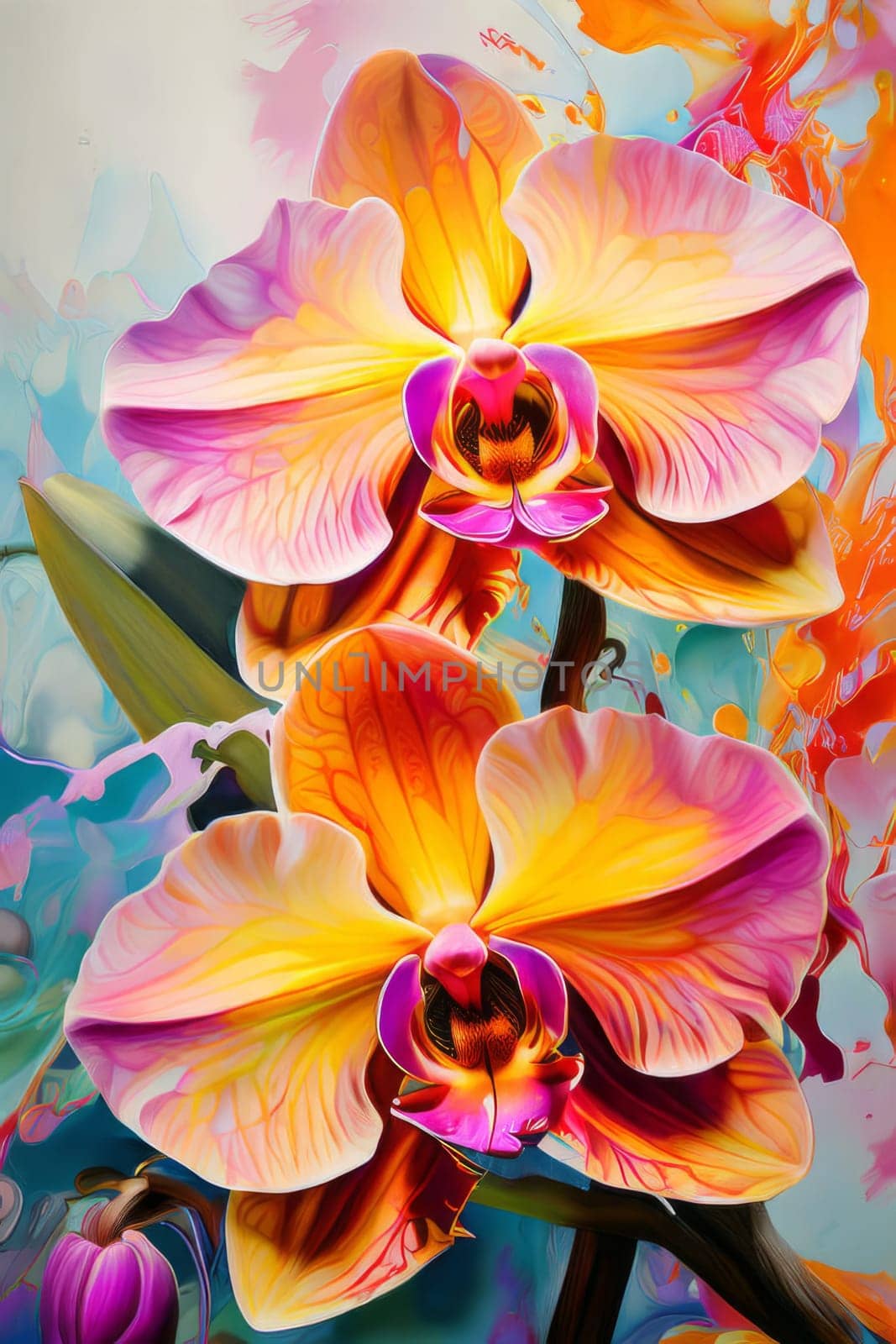 Captivating image of yellow and purple orchids with lush green leaves, set against rich starry background, perfect for adding elegance and natures beauty to creative projects