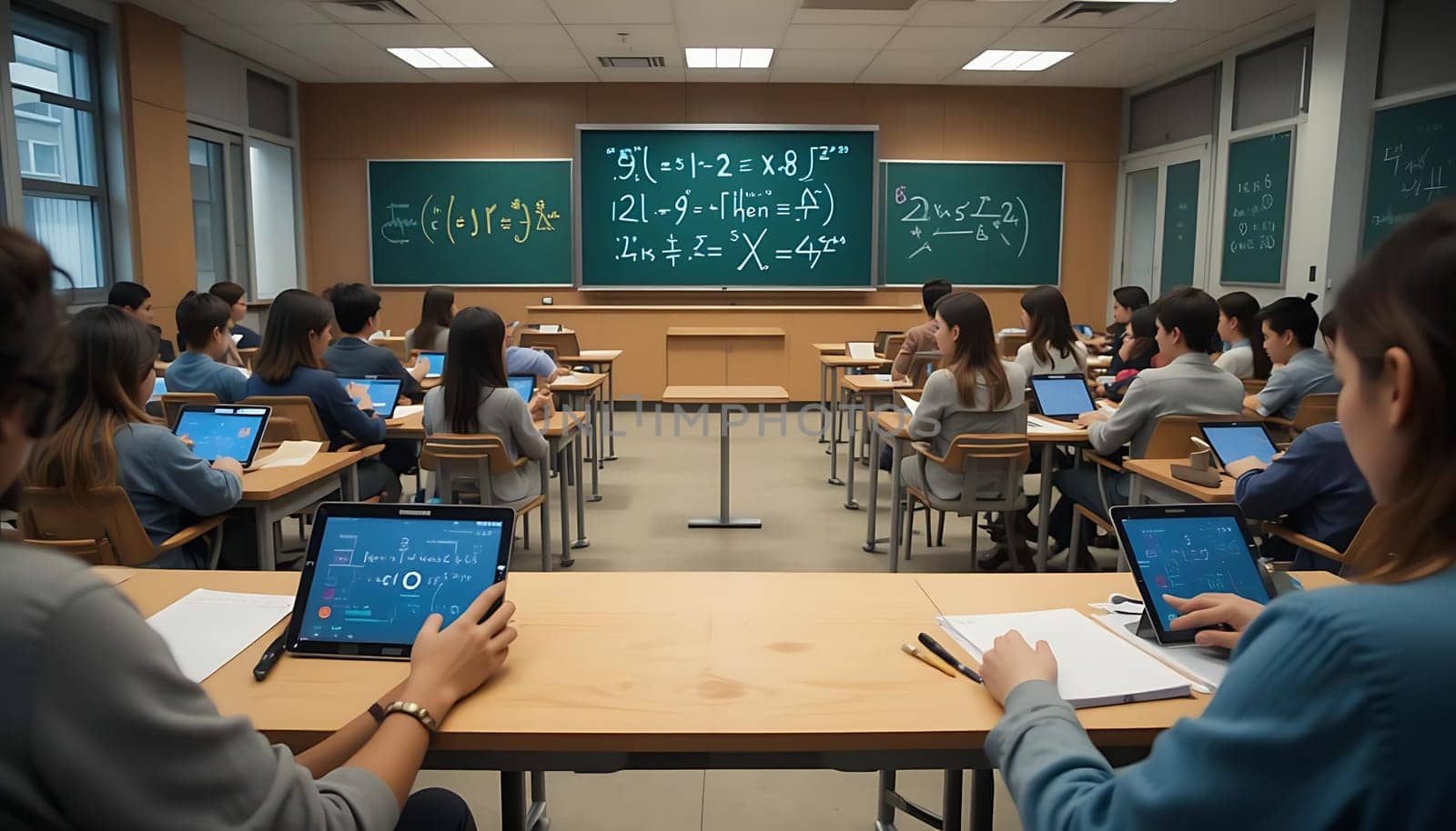 In a quiet, wood-paneled classroom, students hunch over laptops, fingers tapping softly. The air hums with concentration, chalk dust mingling with the faint scent of coffee. Anxious whispers and the occasional sigh punctuate the tense atmosphere of an upcoming exam.