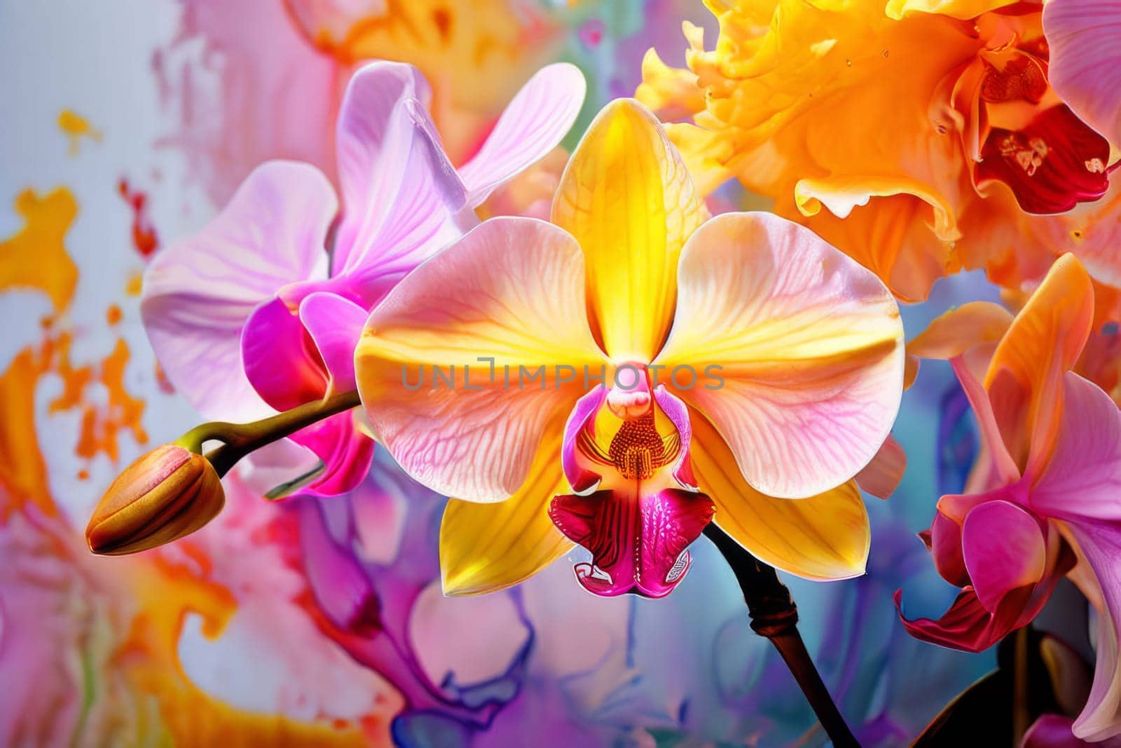 Captivating image of yellow and purple orchids with lush green leaves, set against rich starry background, perfect for adding elegance and natures beauty to creative projects