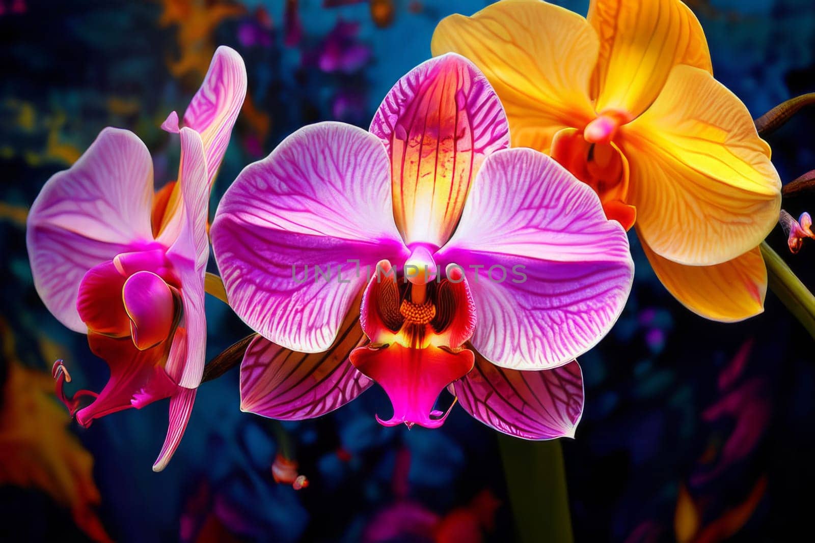 Captivating image of yellow and purple orchids with lush green leaves, set against rich starry background, perfect for adding elegance and natures beauty to creative projects