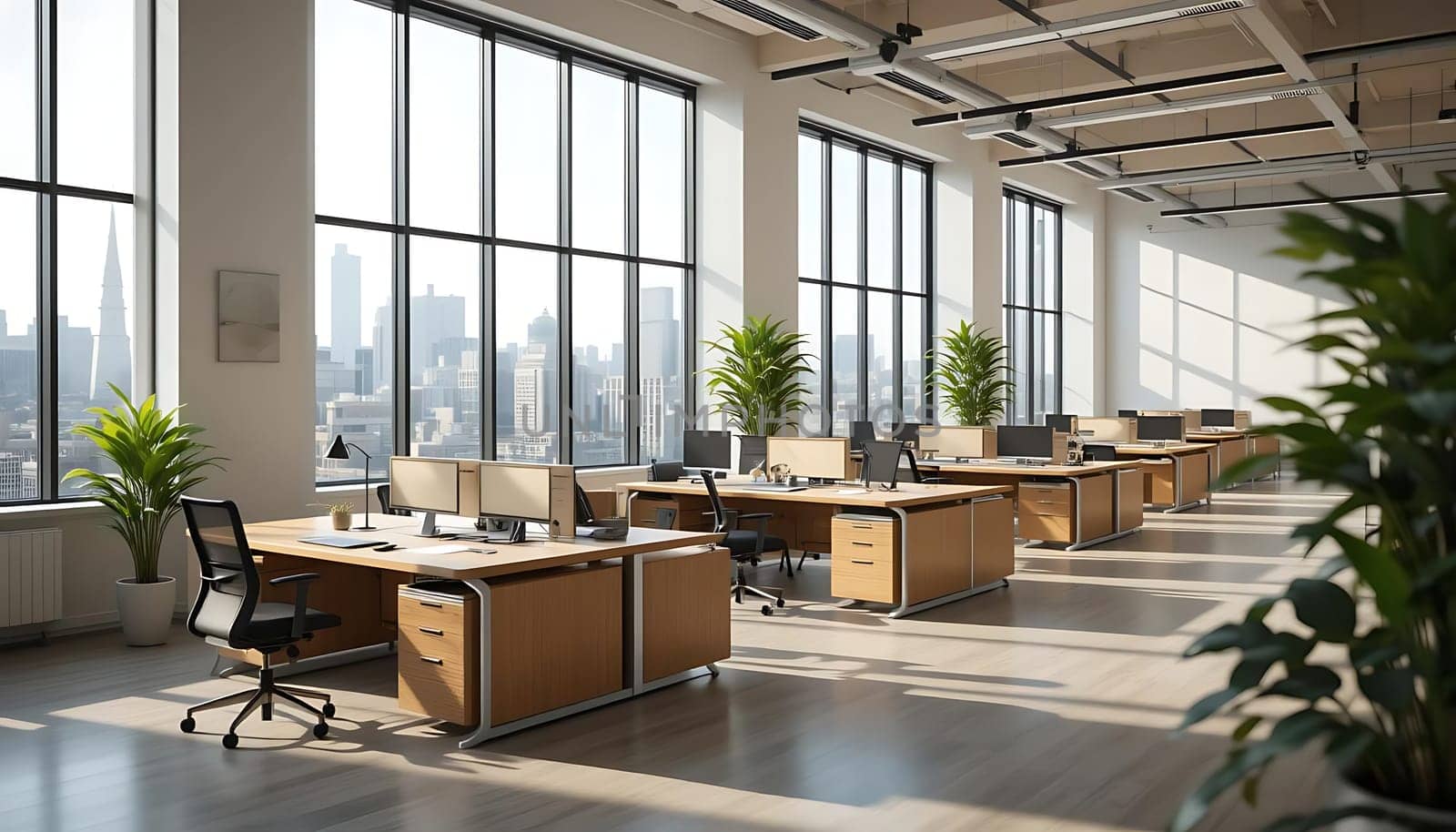 Sunlight pours through vast windows, illuminating a serene workspace. The scent of potted plants mingles with the hum of distant city life. Desks stand ready, bathed in a calm, inviting light, evoking a sense of possibility and quiet productivity.