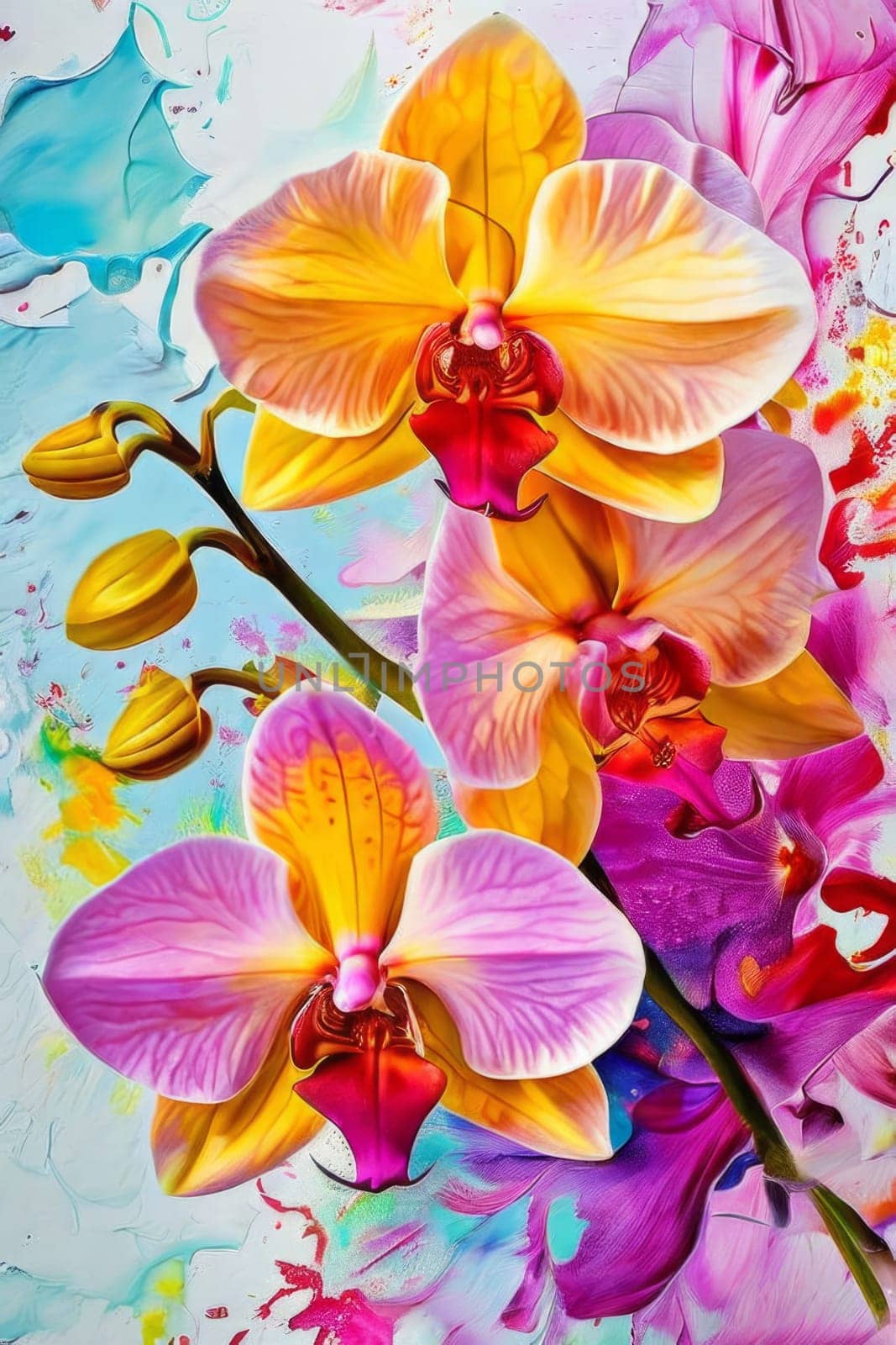 Captivating image of yellow and purple orchids with lush green leaves, set against rich starry background, perfect for adding elegance and natures beauty to creative projects