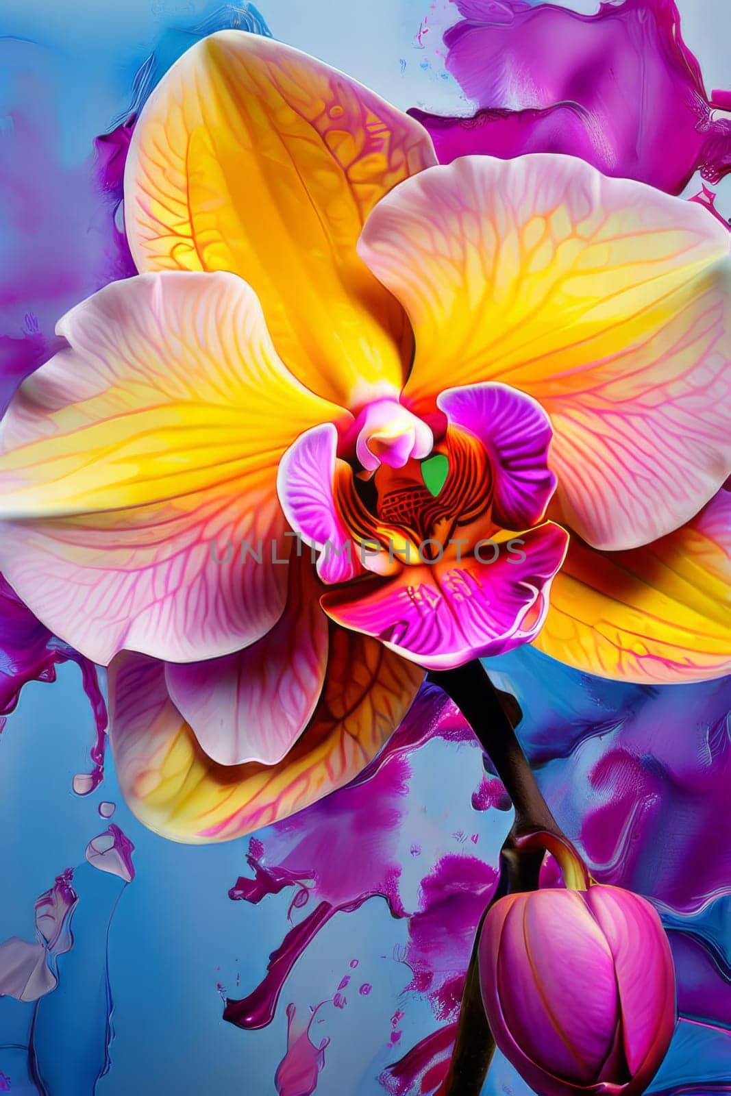Captivating image of yellow and purple orchids with lush green leaves, set against rich starry background, perfect for adding elegance and natures beauty to creative projects