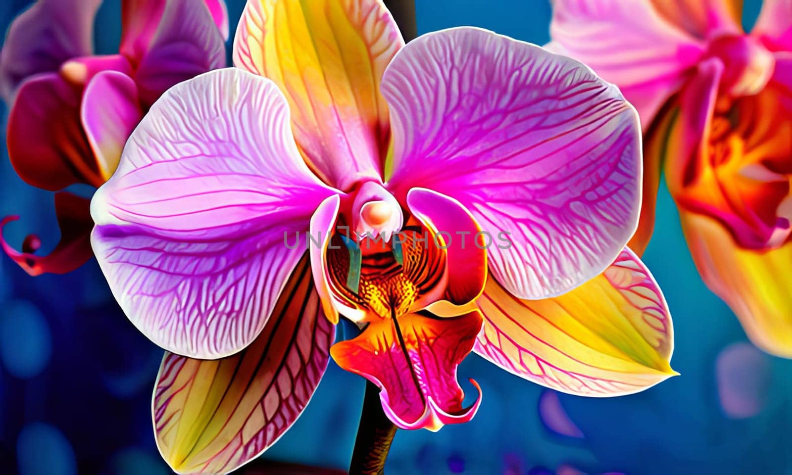 Captivating image of yellow and purple orchids with lush green leaves, set against rich starry background, perfect for adding elegance and natures beauty to creative projects