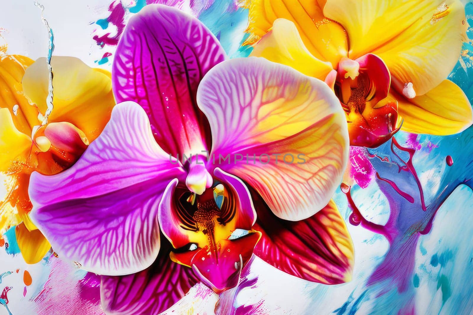 Gorgeous yellow and purple orchids with intricate petals and vibrant green leaves, on dark starry background, offering stunning visual appeal for nature-inspired designs