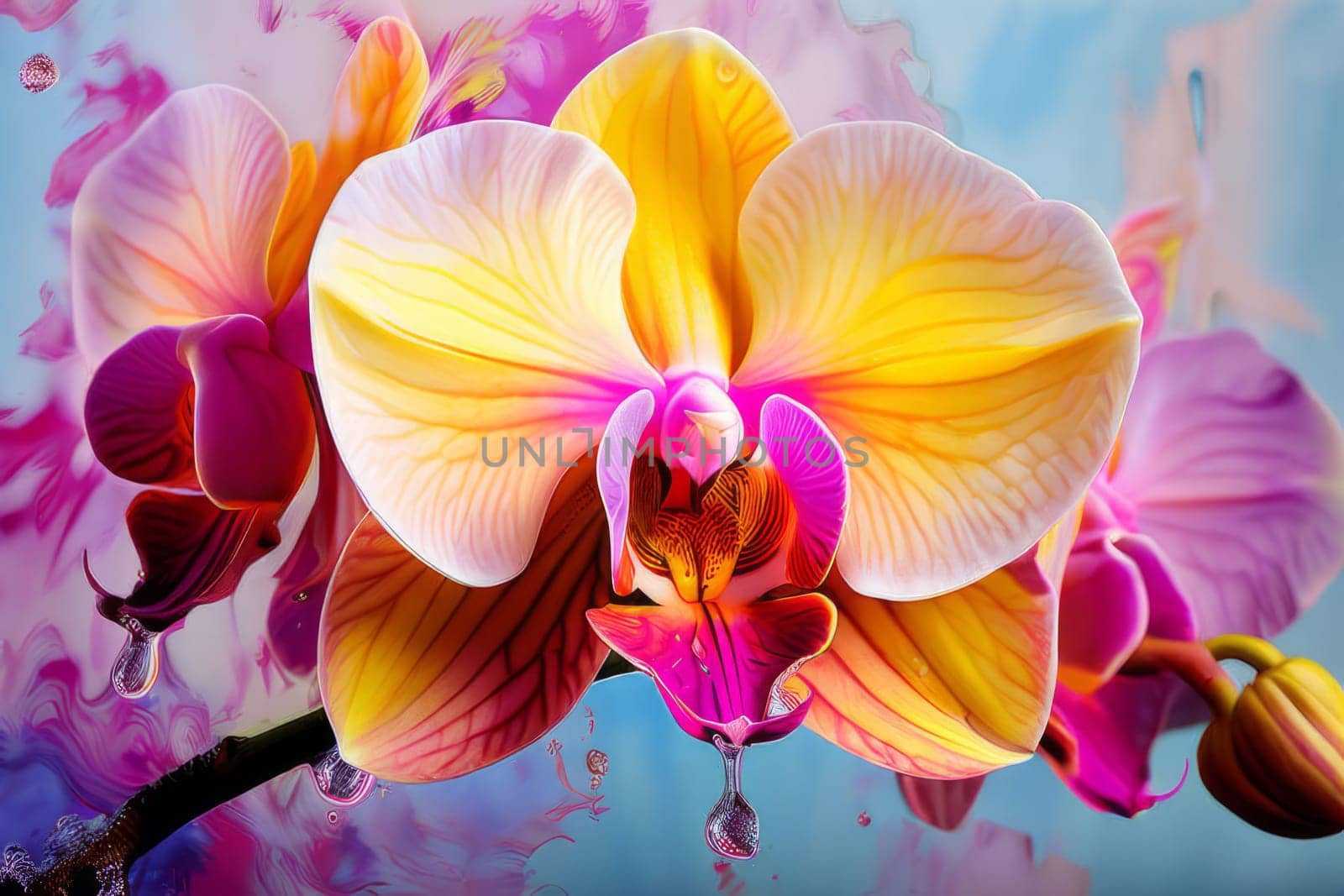 Gorgeous yellow and purple orchids with intricate petals and vibrant green leaves, on dark starry background, offering stunning visual appeal for nature-inspired designs