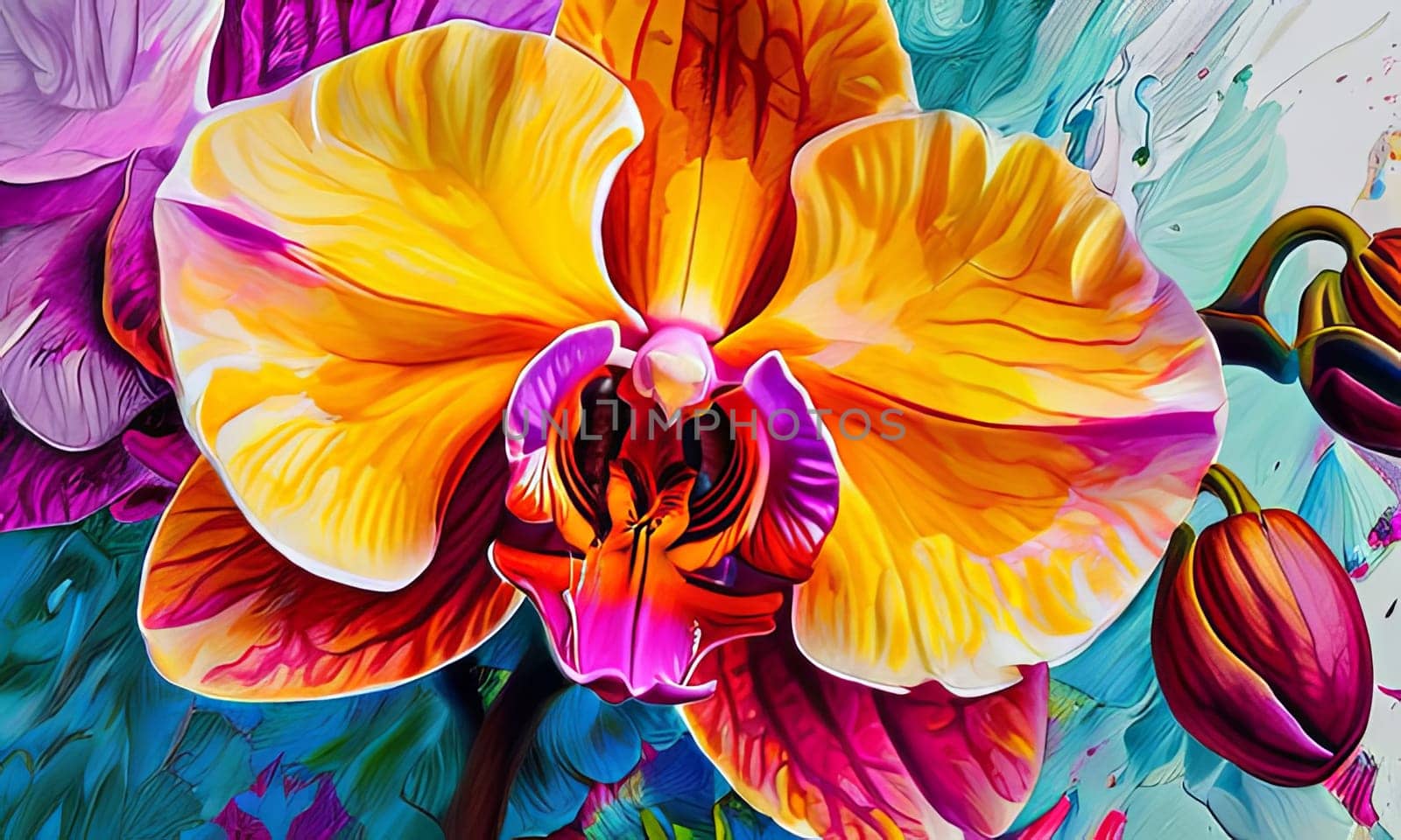 Gorgeous yellow and purple orchids with intricate petals and vibrant green leaves, on dark starry background, offering stunning visual appeal for nature-inspired designs