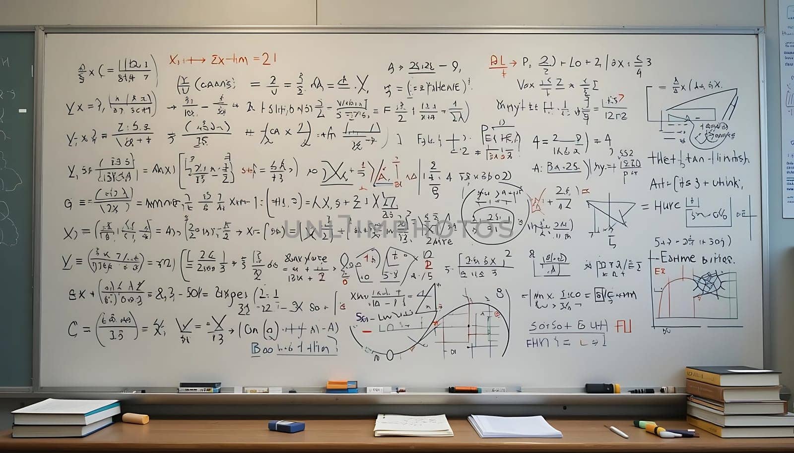 A chalky symphony of chaos, the board whispers secrets in mathematical tongues. Books lie open, absorbing intellect. Echoes of midnight oil burned, genius wrestling with enigma, linger in the silent classroom air.