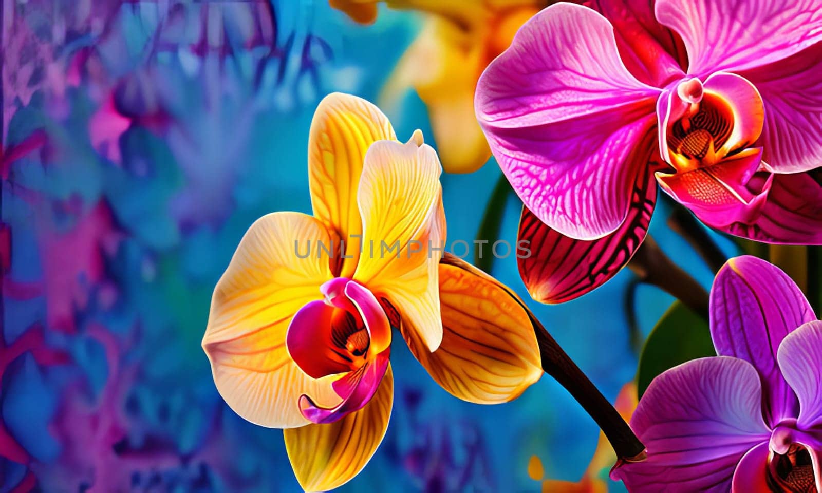Gorgeous yellow and purple orchids with intricate petals and vibrant green leaves, on dark starry background, offering stunning visual appeal for nature-inspired designs