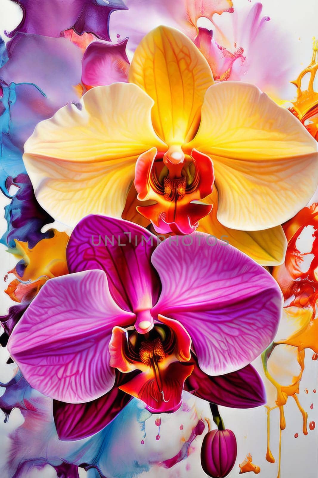 Gorgeous yellow and purple orchids with intricate petals and vibrant green leaves, on dark starry background, offering stunning visual appeal for nature-inspired designs