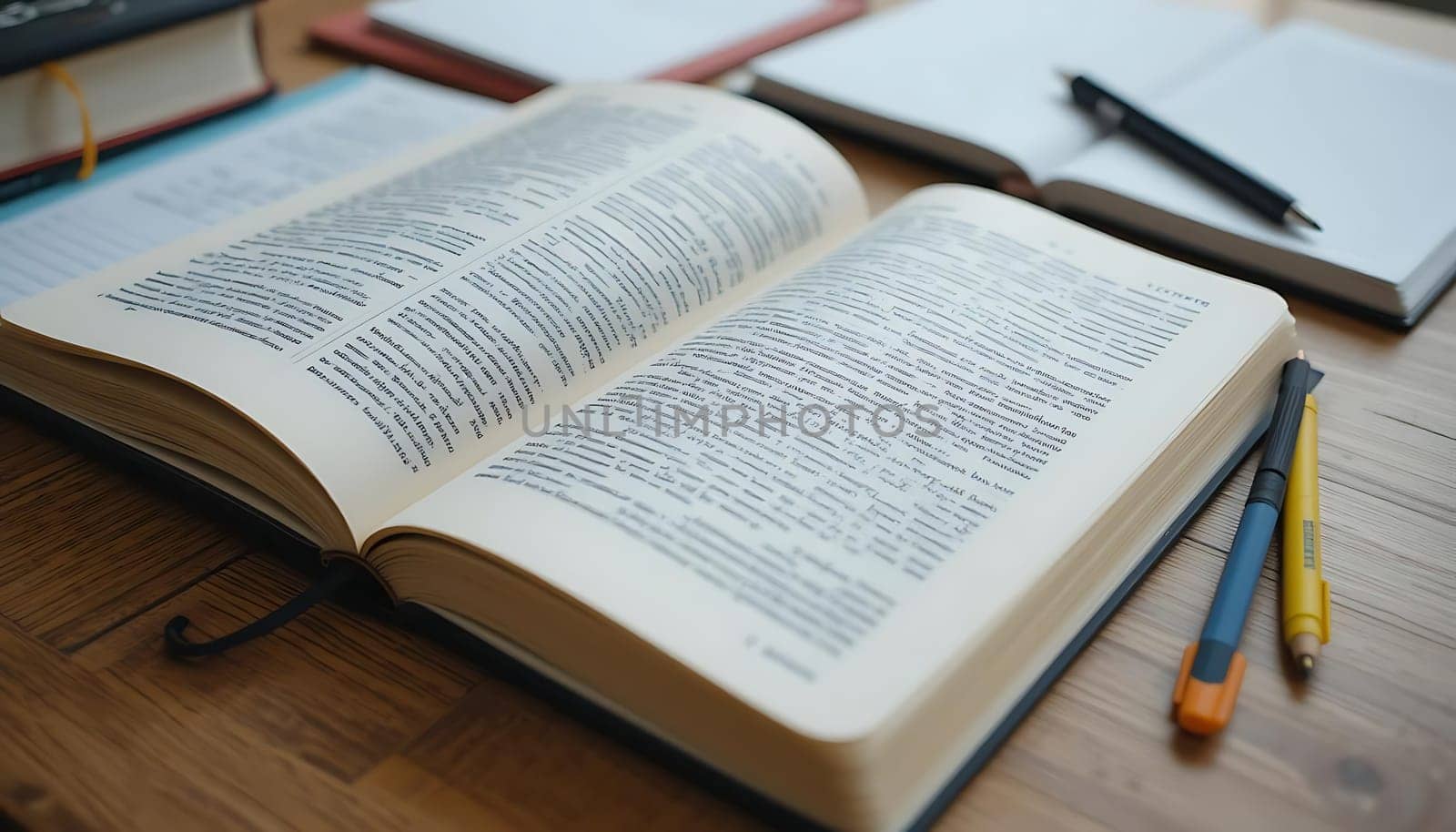 Worn pages whisper ancient tales, as pens and books scatter in scholarly disarray. A quiet sanctuary of knowledge, where time pauses for reflection and inspiration unfurls. The warm wood beneath beckons, inviting a journey into wisdom's embrace.