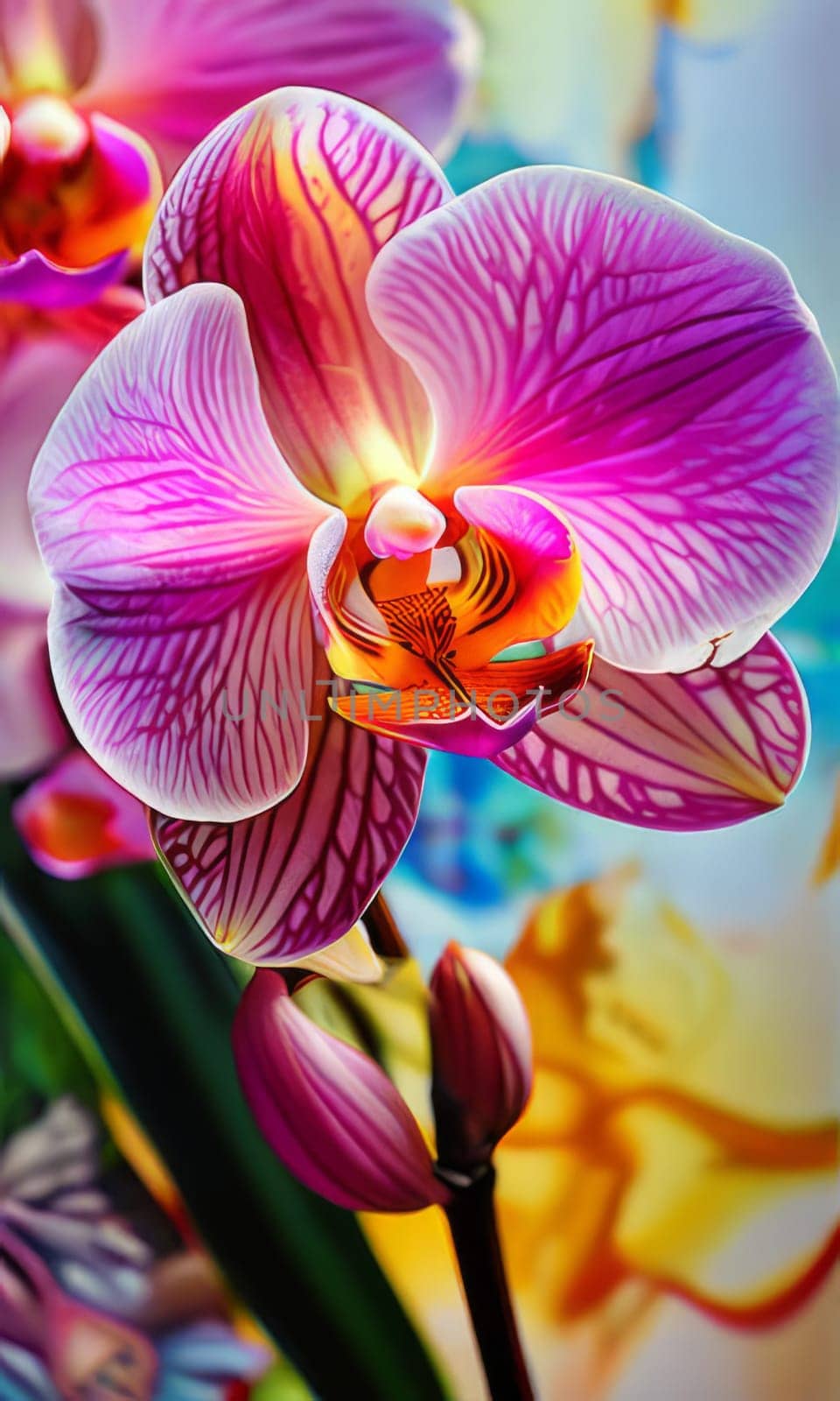 Gorgeous yellow and purple orchids with intricate petals and vibrant green leaves, on dark starry background, offering stunning visual appeal for nature-inspired designs