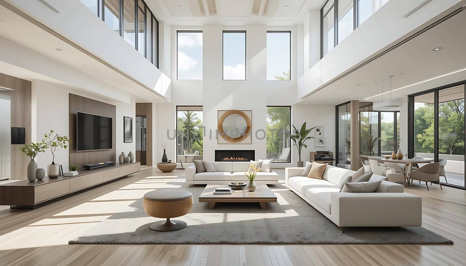 A serene, light-flooded sanctuary, where towering windows embrace the sky. Plush sofas invite relaxation, as sunlight dances on polished floors. The warmth of a modern fireplace and lush greenery beyond the glass offer a tranquil, luxurious escape.