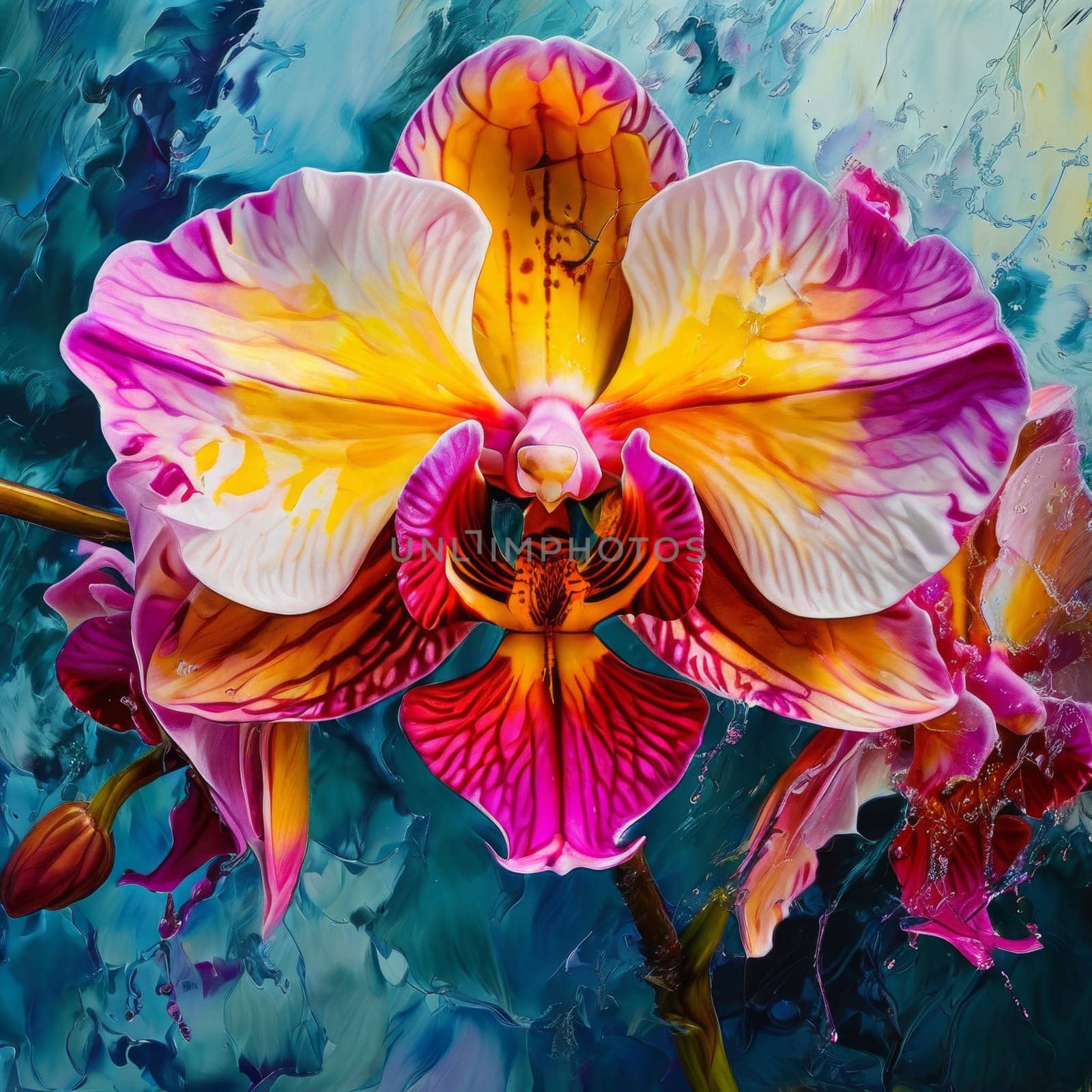 Gorgeous yellow and purple orchids with intricate petals and vibrant green leaves, on dark starry background, offering stunning visual appeal for nature-inspired designs