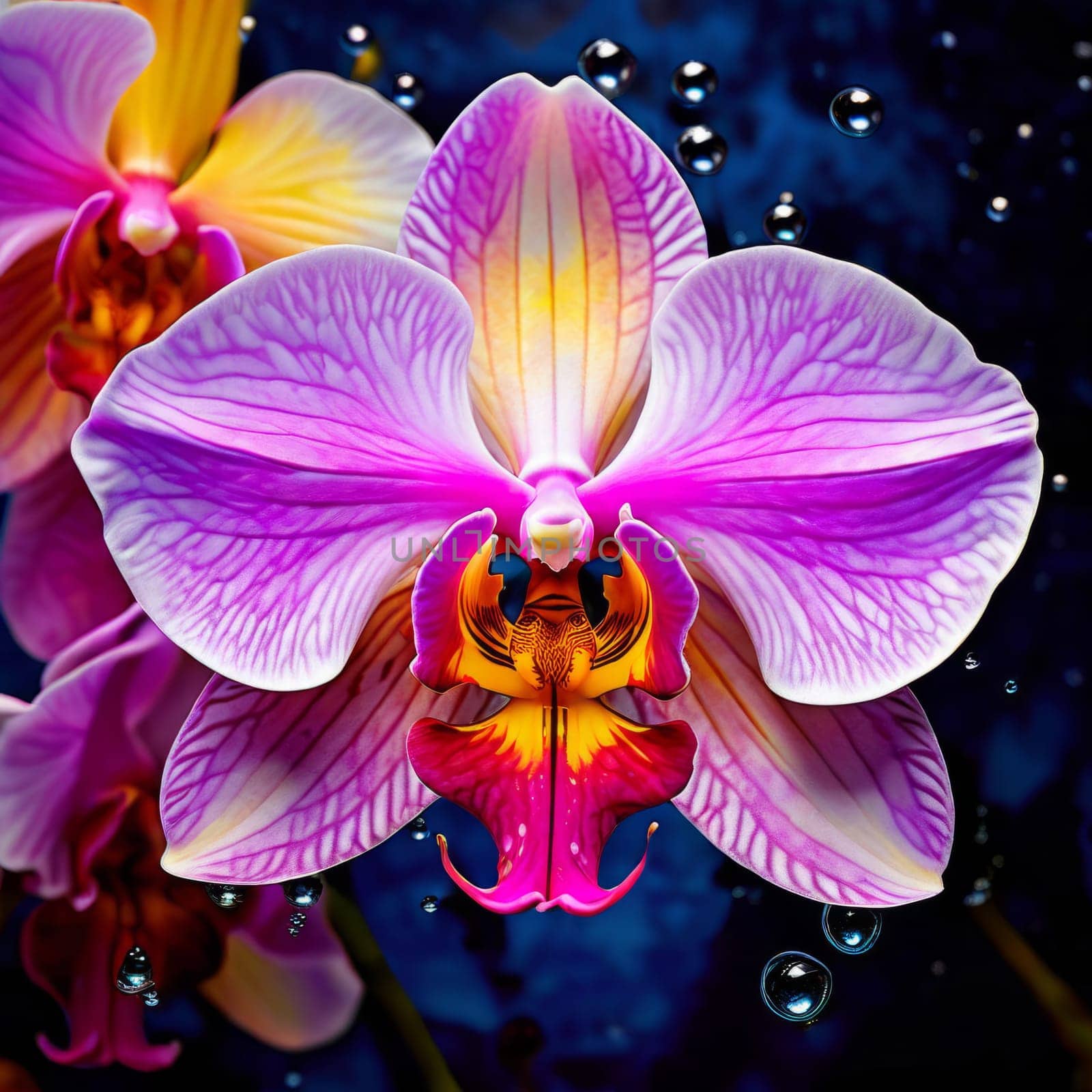 Charming orchids in yellow and purple tones with lush green leaves, positioned against deep starry backdrop, perfect for floral-themed designs and elegant nature-inspired projects