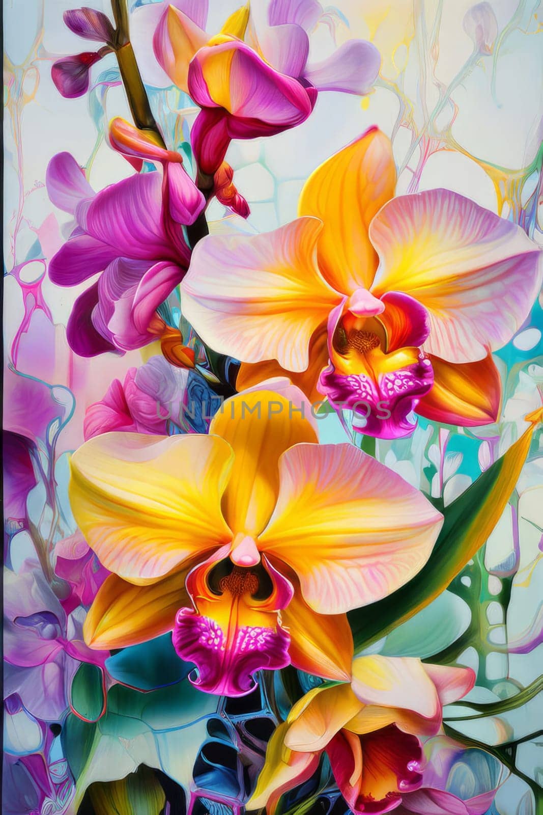 Charming orchids in yellow and purple tones with lush green leaves, positioned against deep starry backdrop, perfect for floral-themed designs and elegant nature-inspired projects