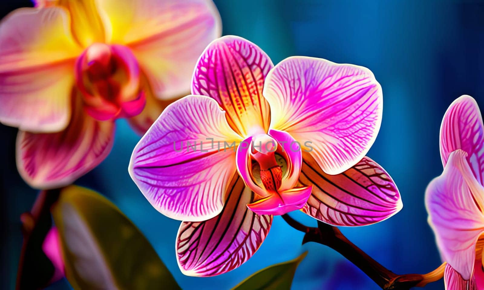 Charming orchids in yellow and purple tones with lush green leaves, positioned against deep starry backdrop, perfect for floral-themed designs and elegant nature-inspired projects