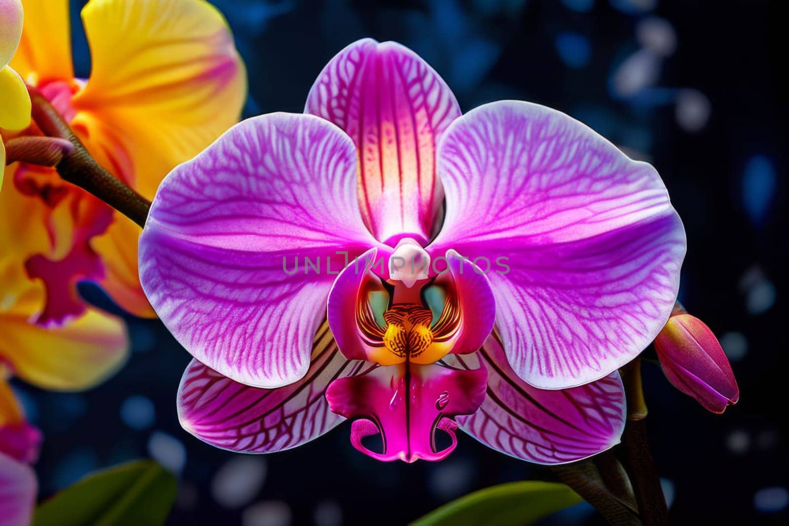 Charming orchids in yellow and purple tones with lush green leaves, positioned against deep starry backdrop, perfect for floral-themed designs and elegant nature-inspired projects