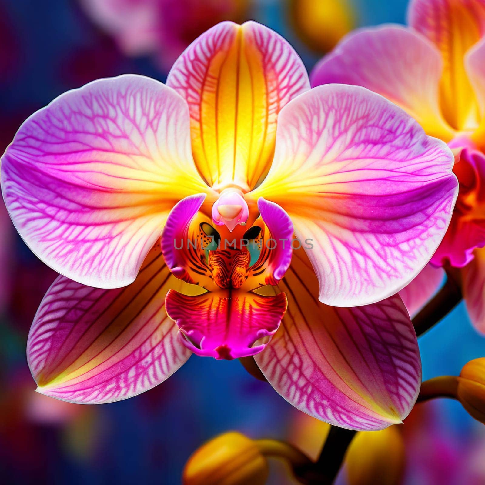 Charming orchids in yellow and purple tones with lush green leaves, positioned against deep starry backdrop, perfect for floral-themed designs and elegant nature-inspired projects