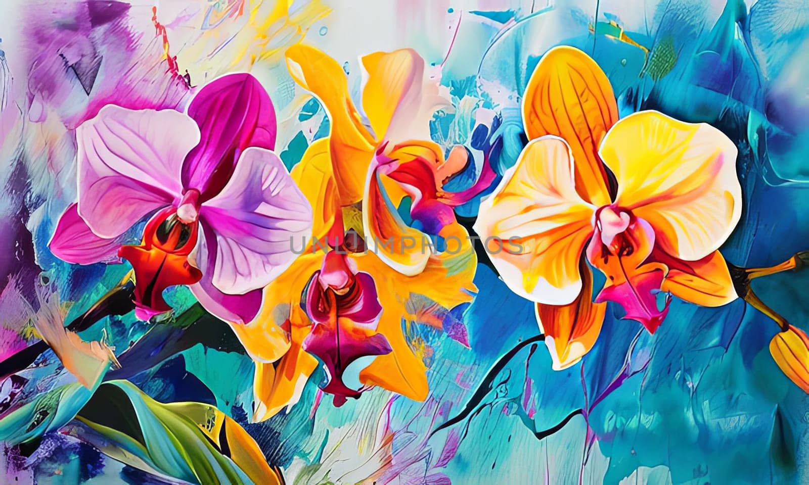 Charming orchids in yellow and purple tones with lush green leaves, positioned against deep starry backdrop, perfect for floral-themed designs and elegant nature-inspired projects
